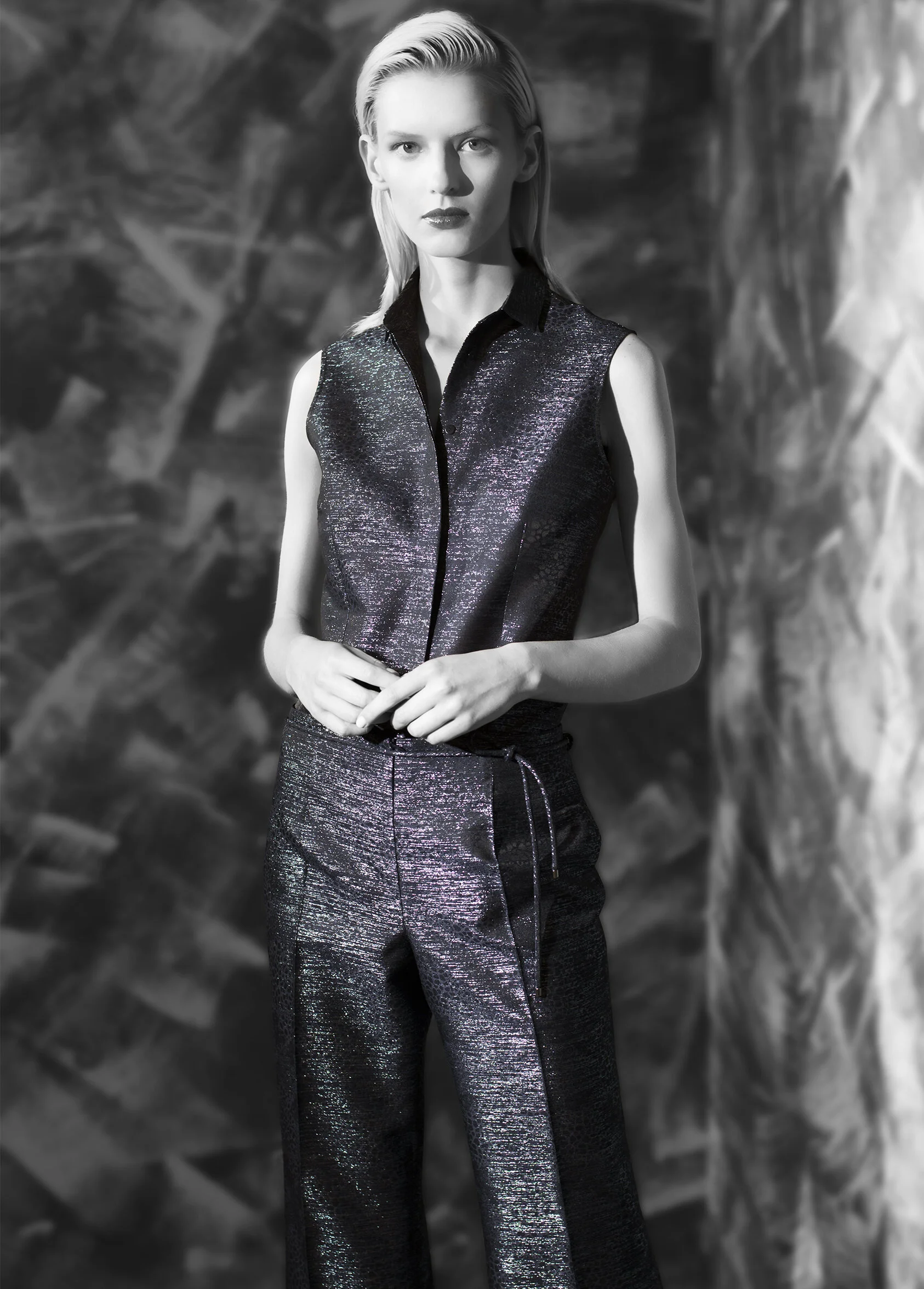 Abstract lame jacquard sleeveless shirt and wide leg trouser with belt tie onyx midnight opal garnet “Second skin” cashmere turtleneck onyx midnight opal teal onyx azurite