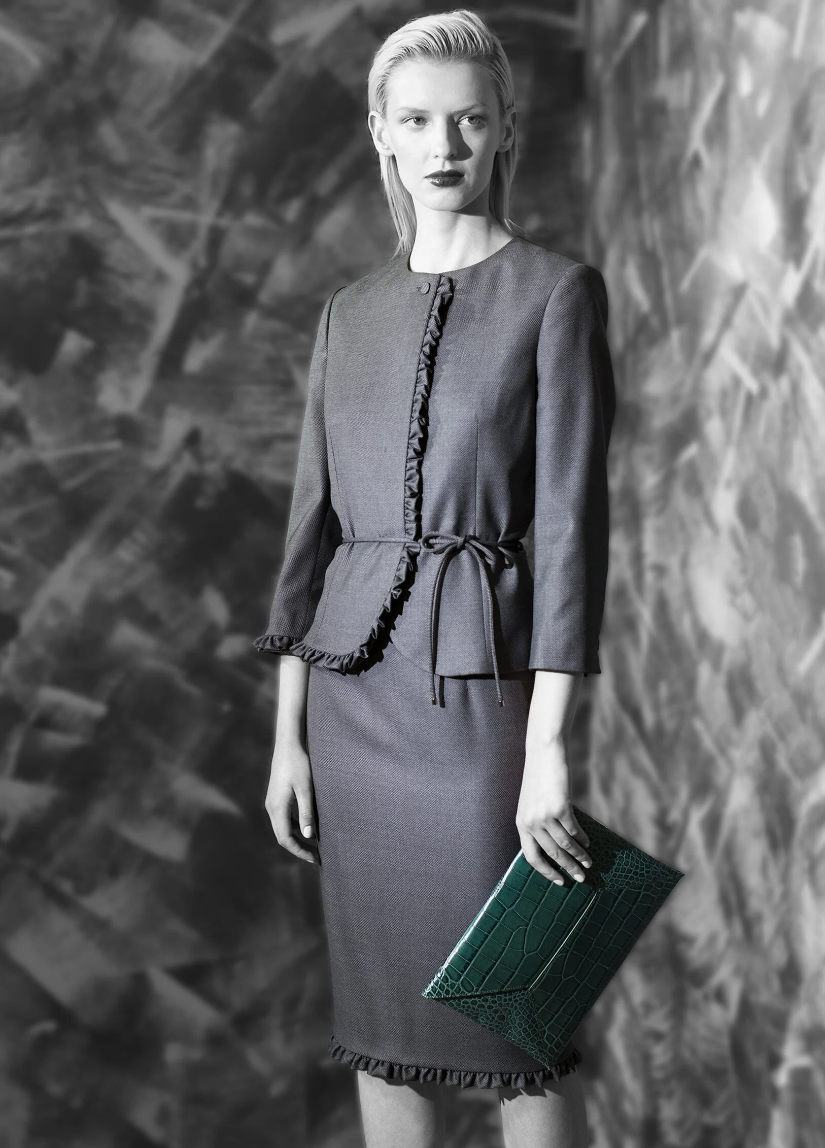 Micro geometric fine wool ruffle border skirt and jacket with belt tie opal grey graphite natural quartz venetian blue Crocodile calf-skin envelope clutch