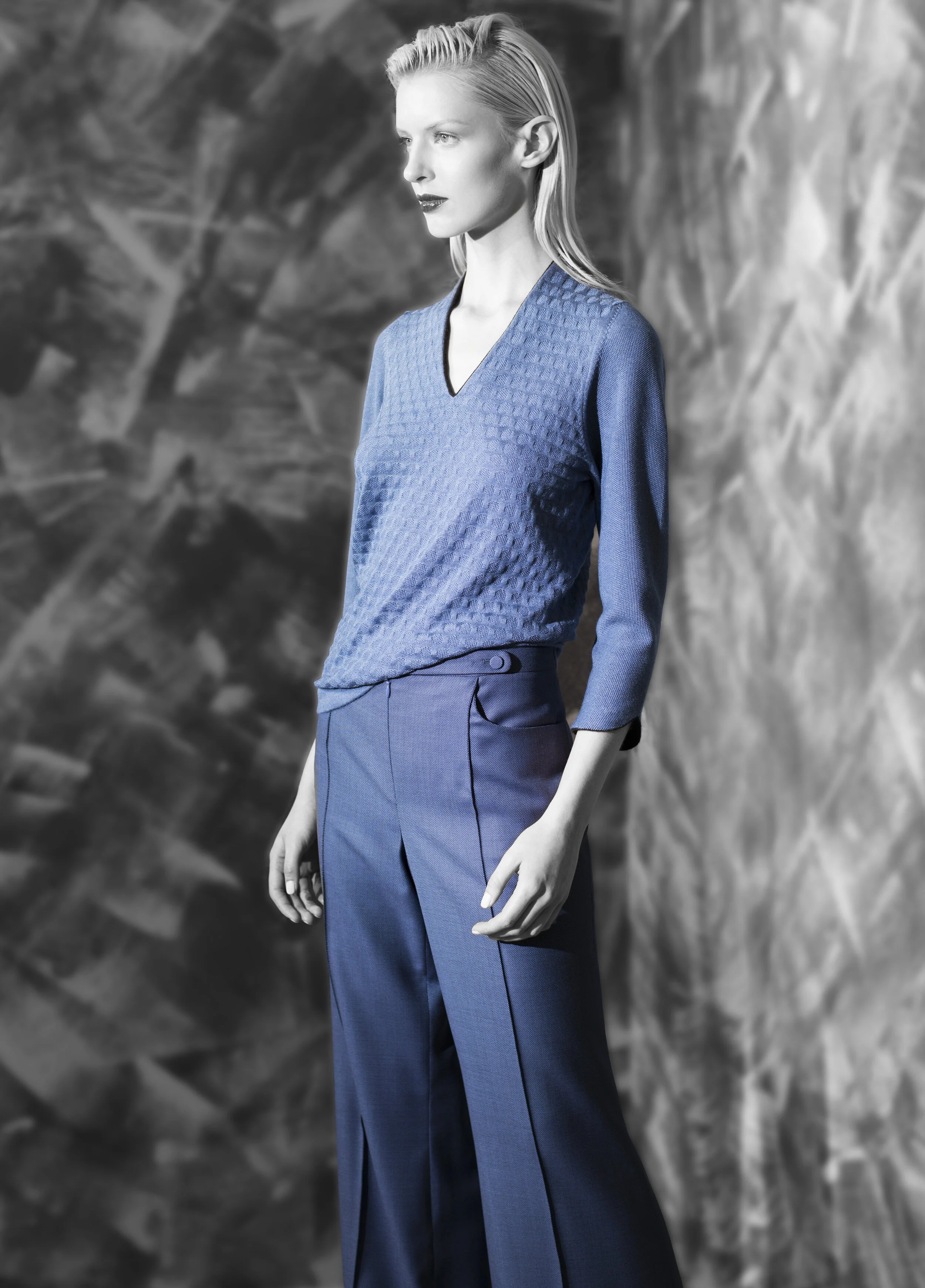 Geometric texture ultra fine cashmere v-neck graphite with black venetian blue with black garnet with graphite electric green cobalt blue Micro geometric fine wool wide leg trouser opal grey graphite natural quartz venetian blue