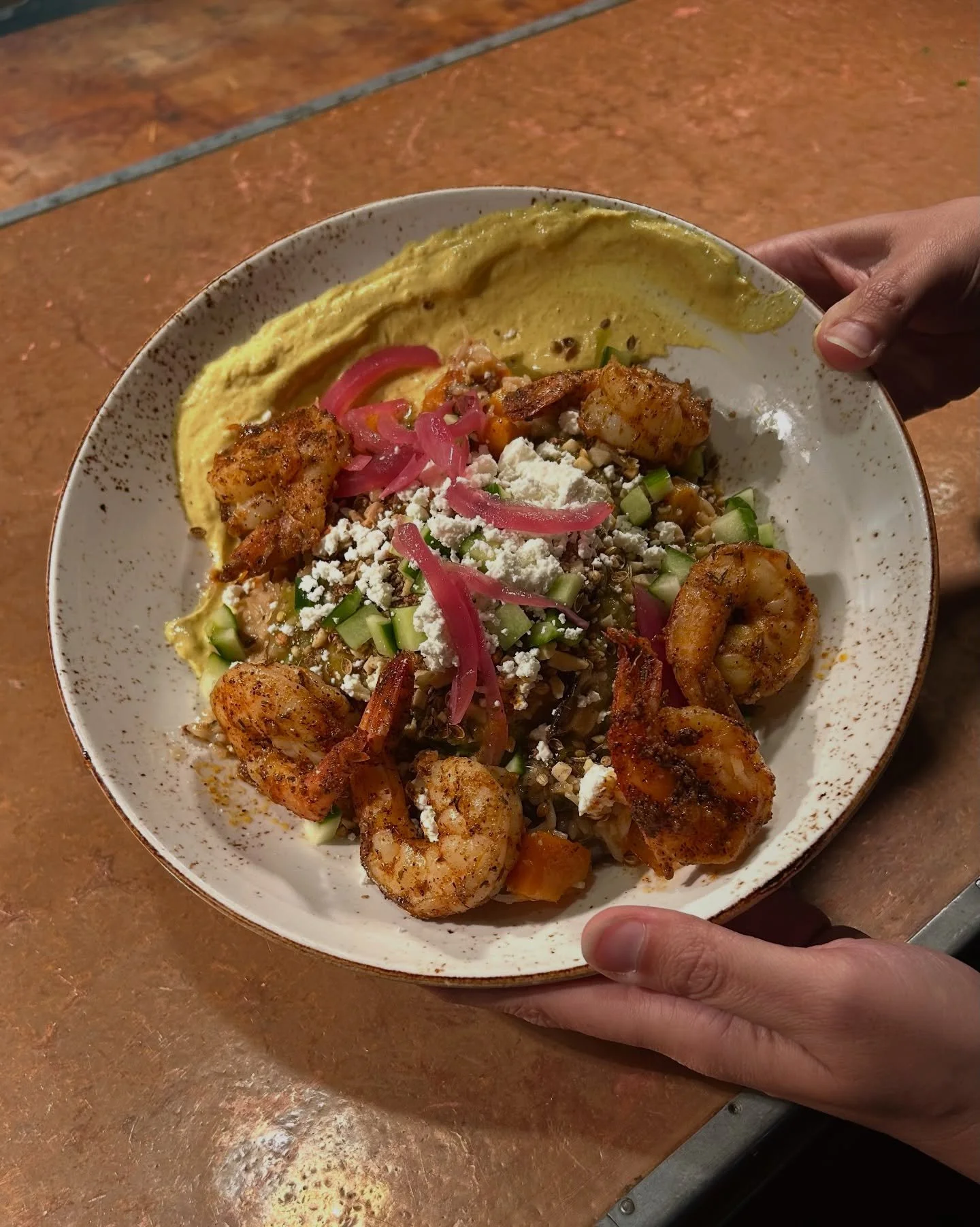 The Basmati Bowl is a lunchtime favorite, and grilled shrimp takes it to the next level! 🦐⁠
⁠
This beautiful dish is made with basmati rice, roasted brussels, pickled onion, butternut squash, saute&eacute;d mushrooms, cucumber, goat cheese, seasnal 