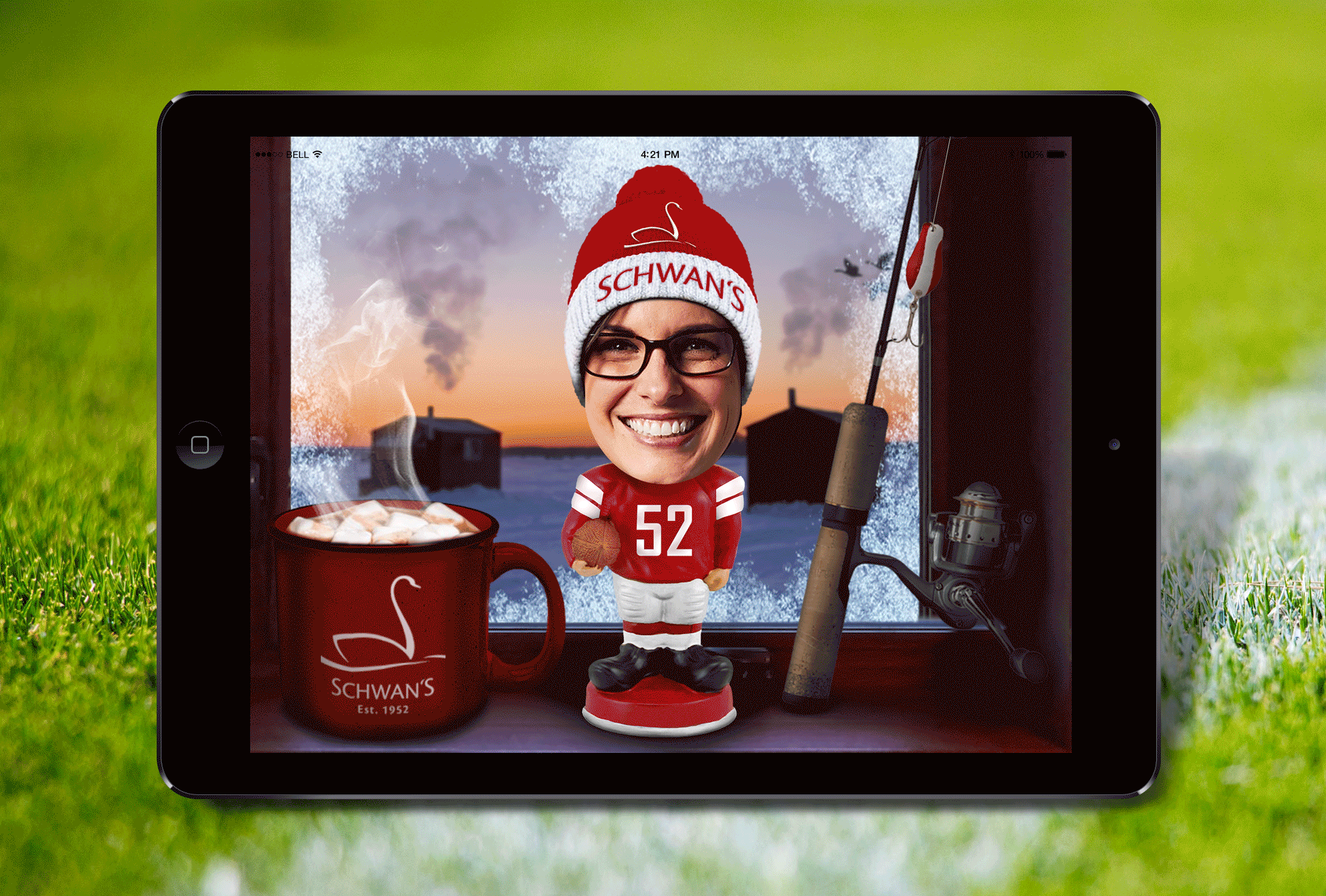 Bobblehead photo op featuring Schwan’s, Minnesotan, and football themed backgrounds.