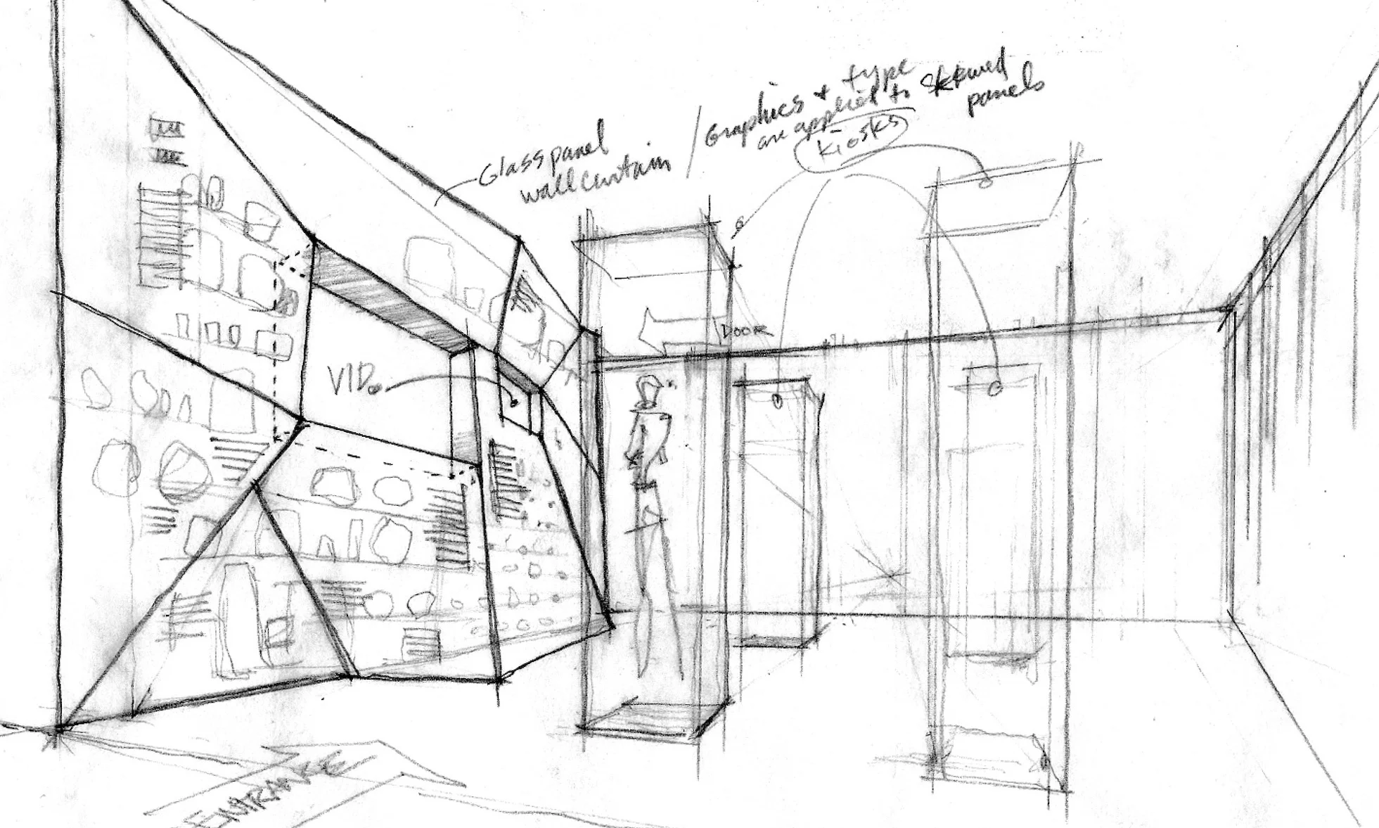 Early concept drawing of invention gallery installation – Tolochenaz, Switzerland
