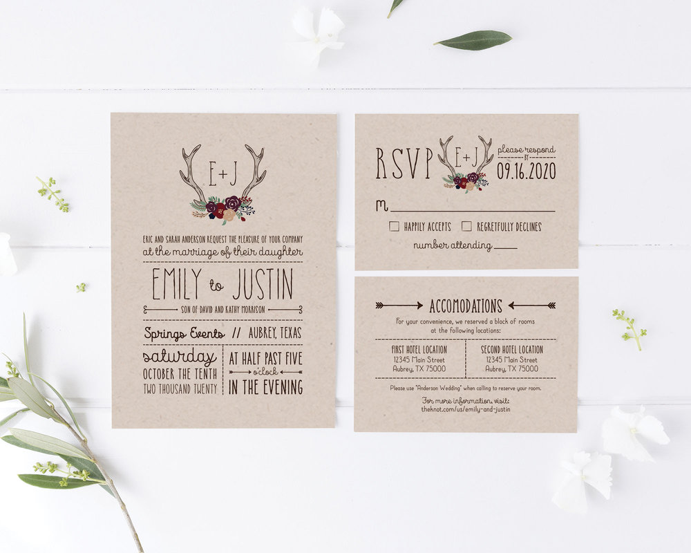 Printable Wedding Invitation Suite With Custom Wedding Logo Rustic Antlers Dana Felderhoff
