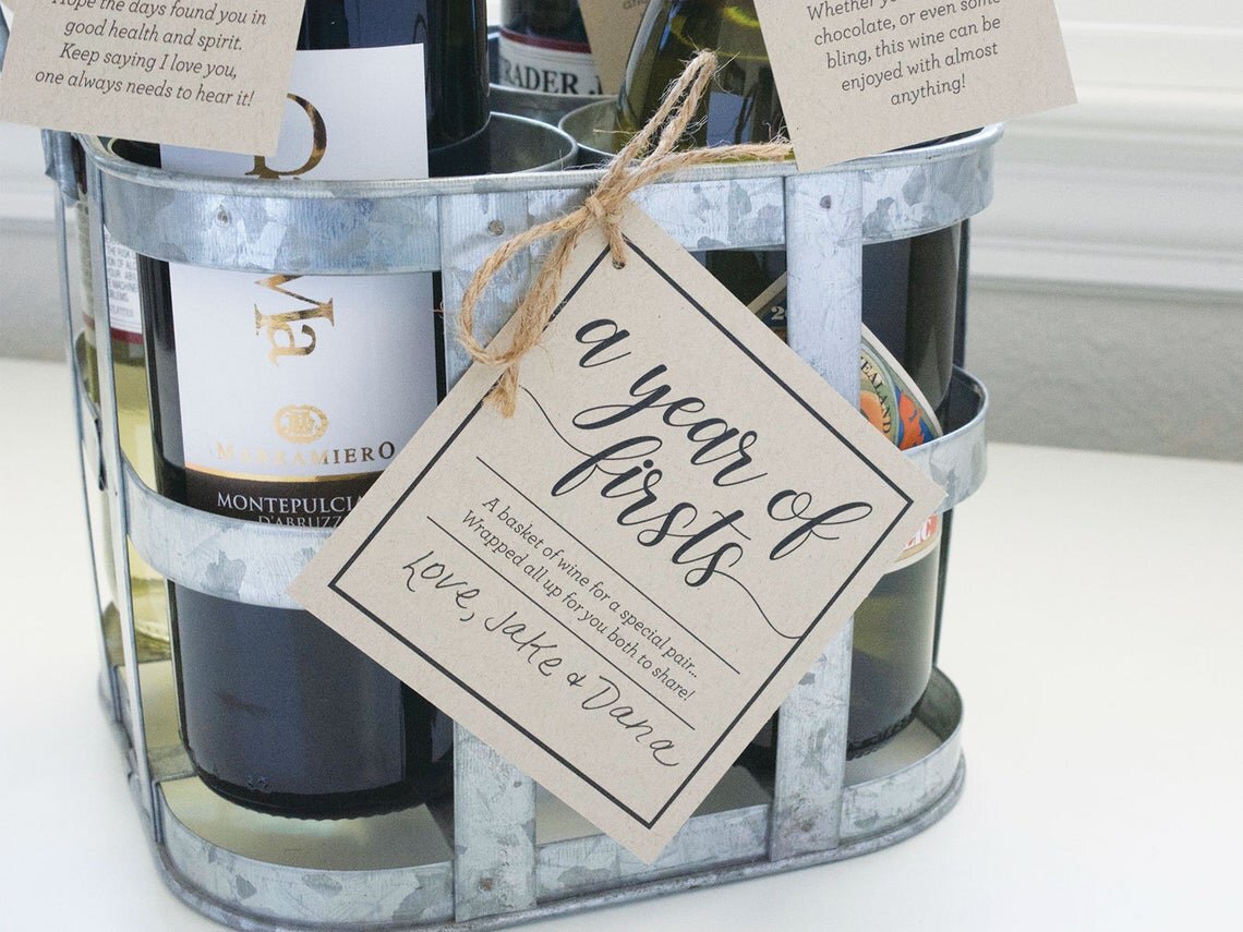INSTANT DOWNLOAD A Year of Firsts Milestone Wine Basket \u2013 Includes 17 labels Bridal Shower Gift Wedding Gift