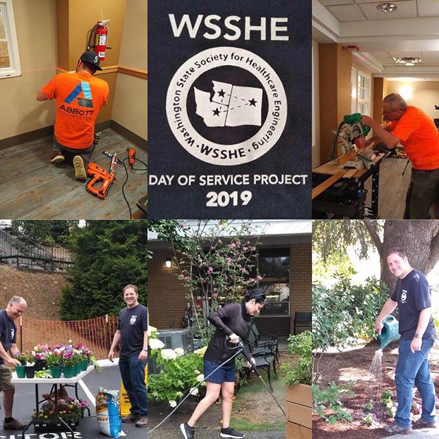 We had the pleasure of being one of the many sponsors and volunteers for the WSSHE Puget Sound Annual Day of Service last week at Providence Mount St. Vincent. WSSHE volunteers painted, put down fresh mulch, planted flowers, installed chair rails, po