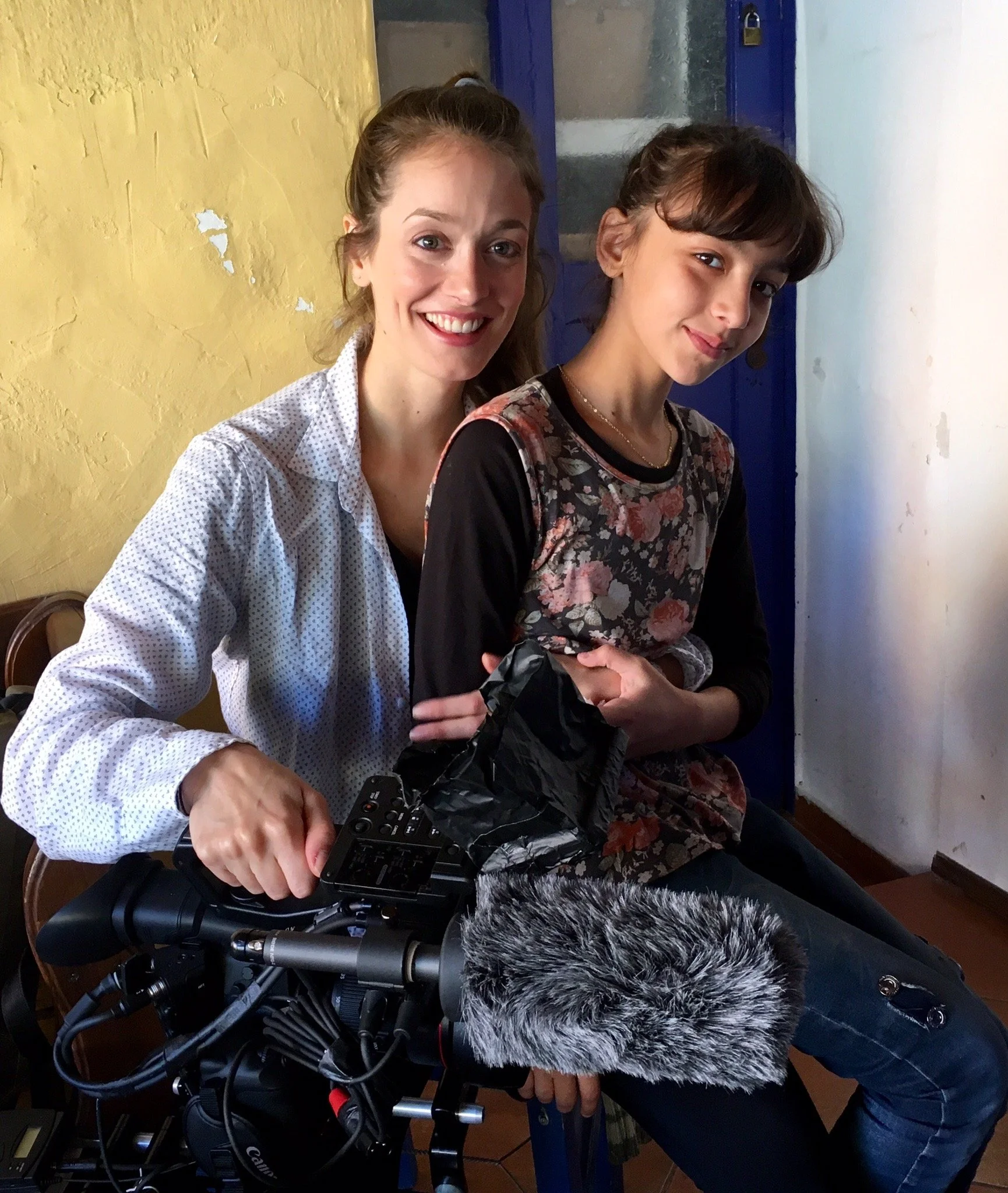 Alexandra Liveris on set with a young film participant