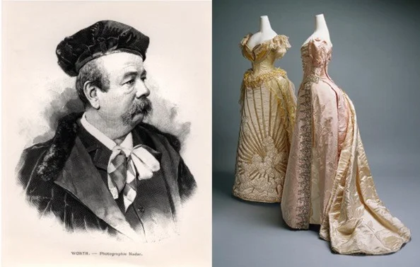 A portrait of Charles Frederick Worth, and two gowns from his collections in the late 19th century. Photos via AllPosters.com and MetMuseum.org. Credit to Zimbio .
