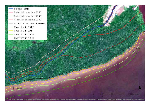 Figure 3. The coastal retreat from 1988 to present, along with predicted coastal erosion if it continues at the rate experienced in the past 10 months. The base-map is from April in 2018, sourced from Google Earth.