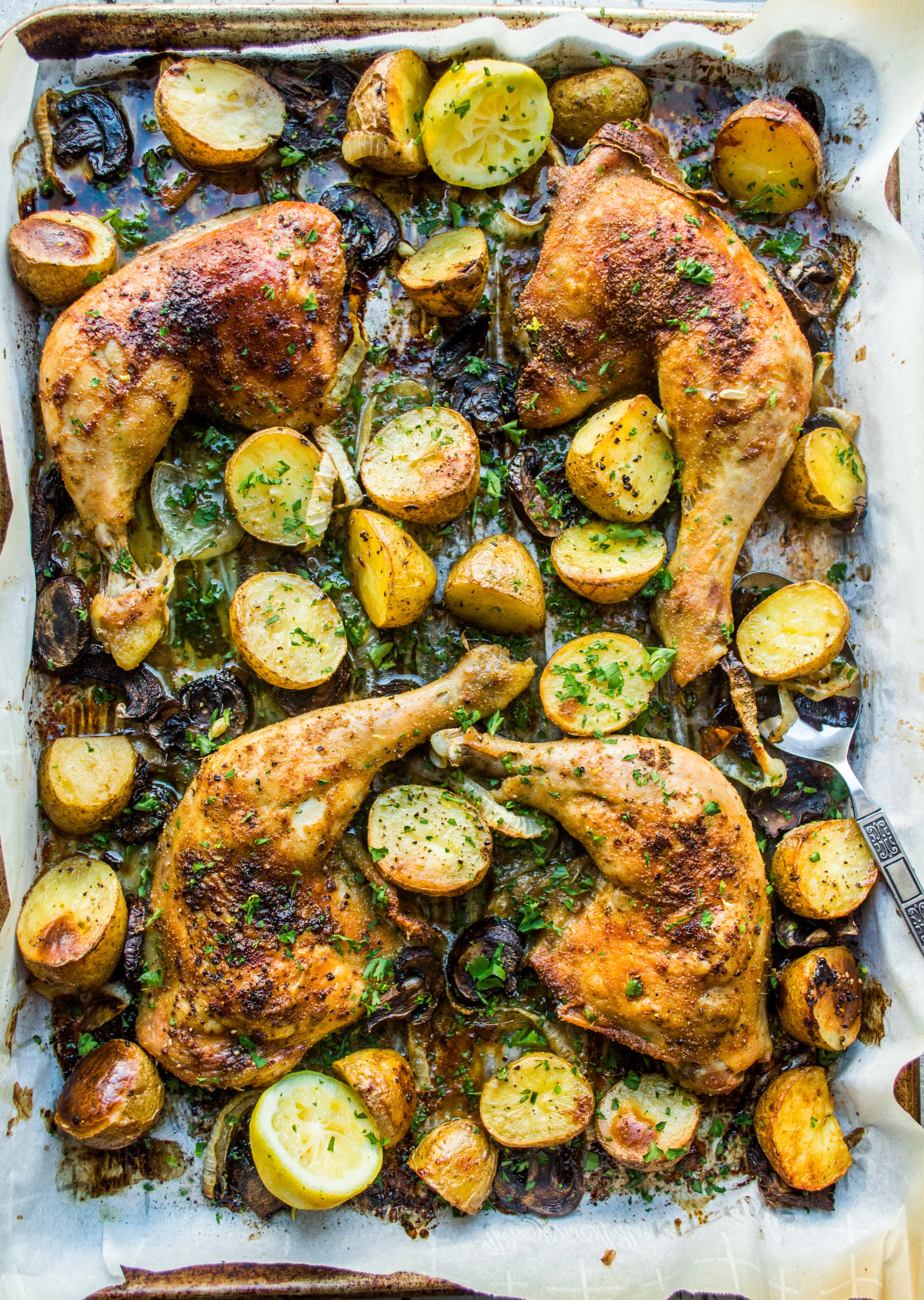 Sheet Pan Whole Chicken Legs with Potatoes and Mushrooms
