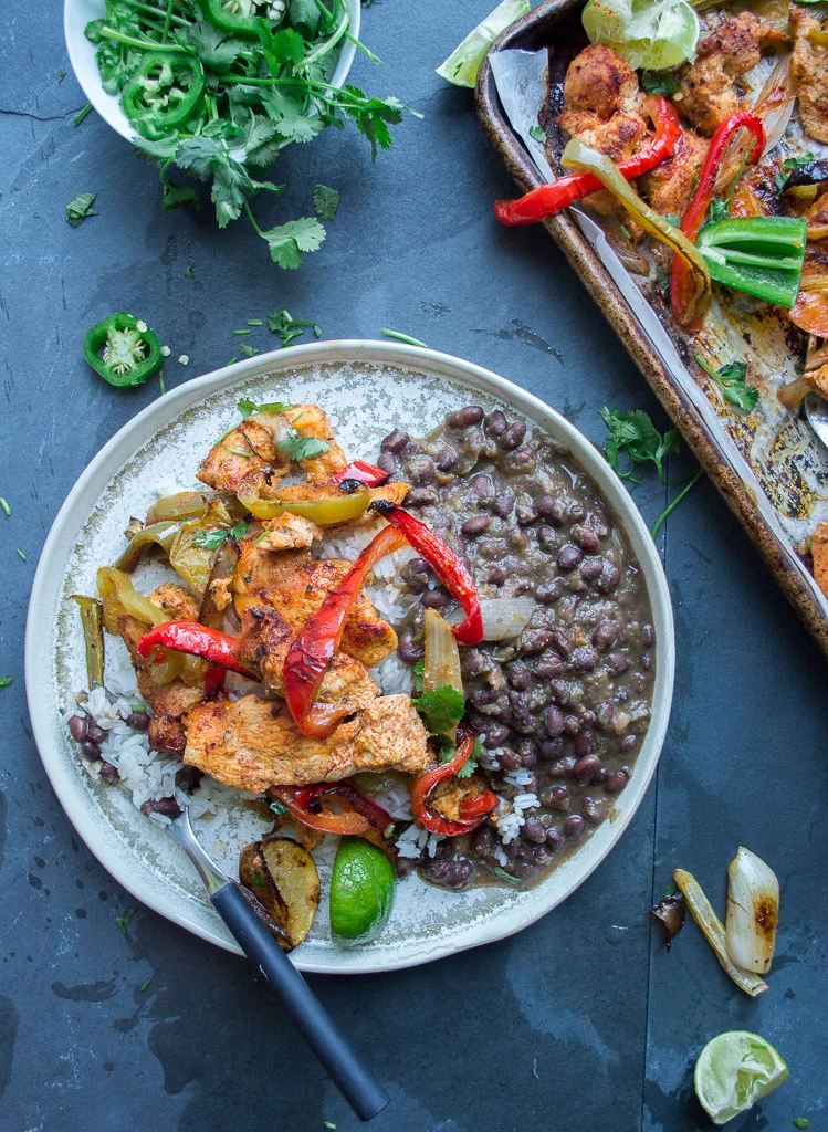 Sheet Pan Chicken Fajitas with Habichuelas Guisada and Rice