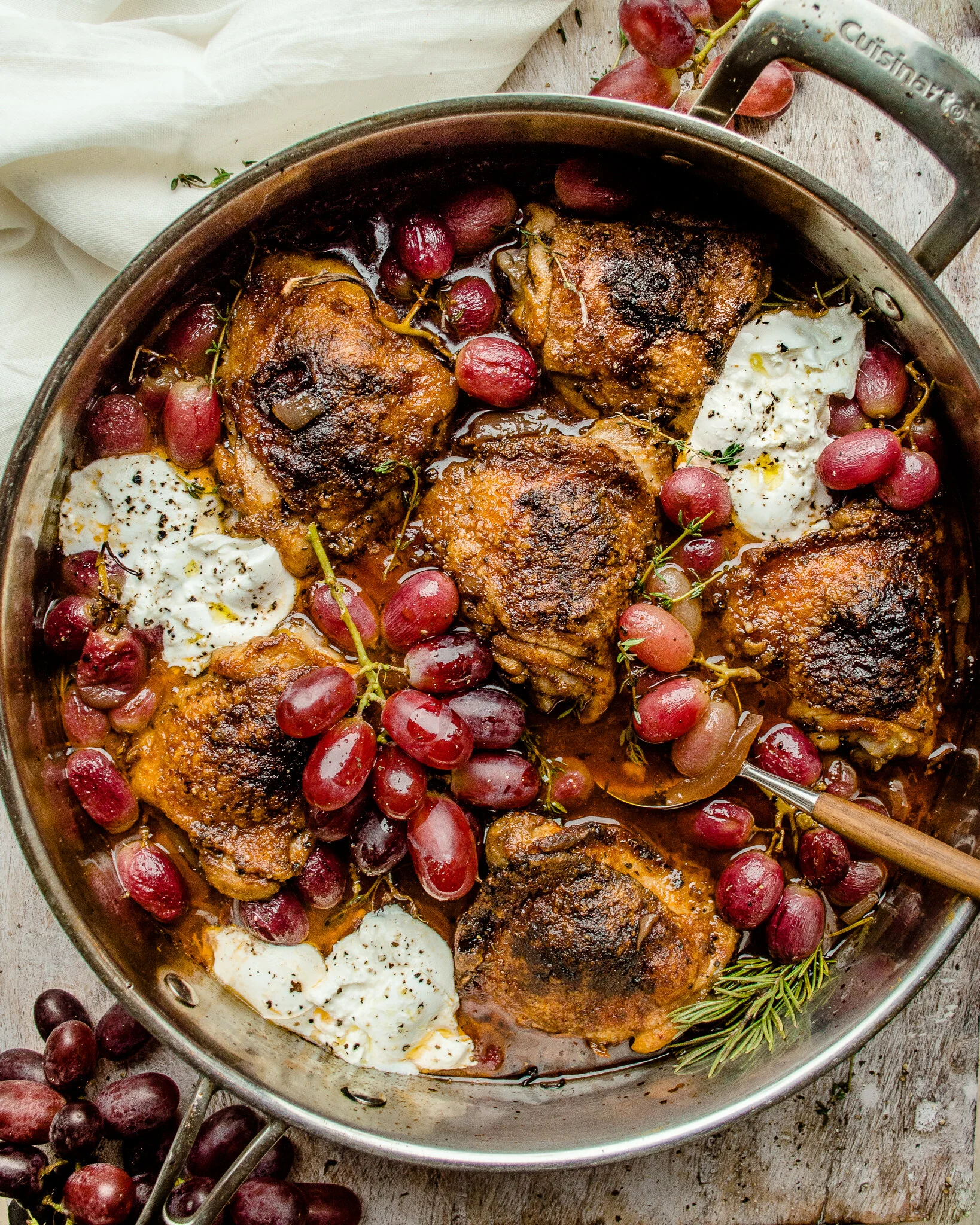 Red Wine + Balsamic braised Chicken Thighs with Grapes and Burrata