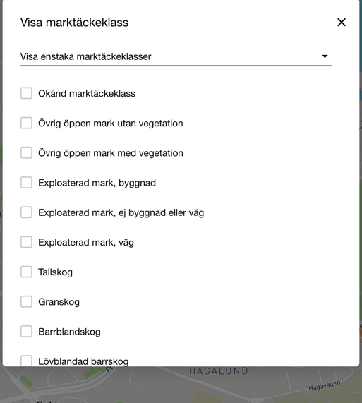 I filtreringsmenyn kan du kryssa i vilka marktäckeklasser som ska visas.