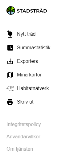 På vänstra sidan i menyn kommer man åt funktionerna skapa nytt träd, köra statistikrapport, export, mina kartor, habitatnätverk samt utskriftsfunktion.