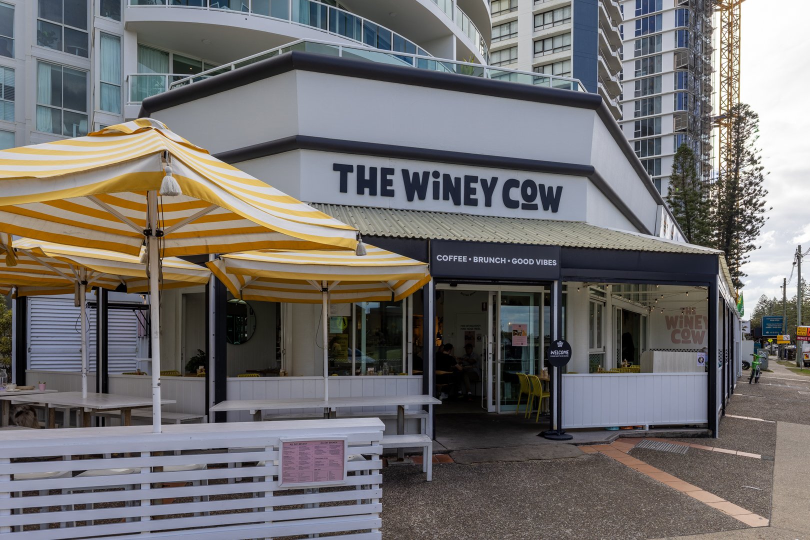 The Winey Cow bar and dining venue on Sea World Drive Main Beach — local hospitality precinct steps from the Broadwater and residential towers