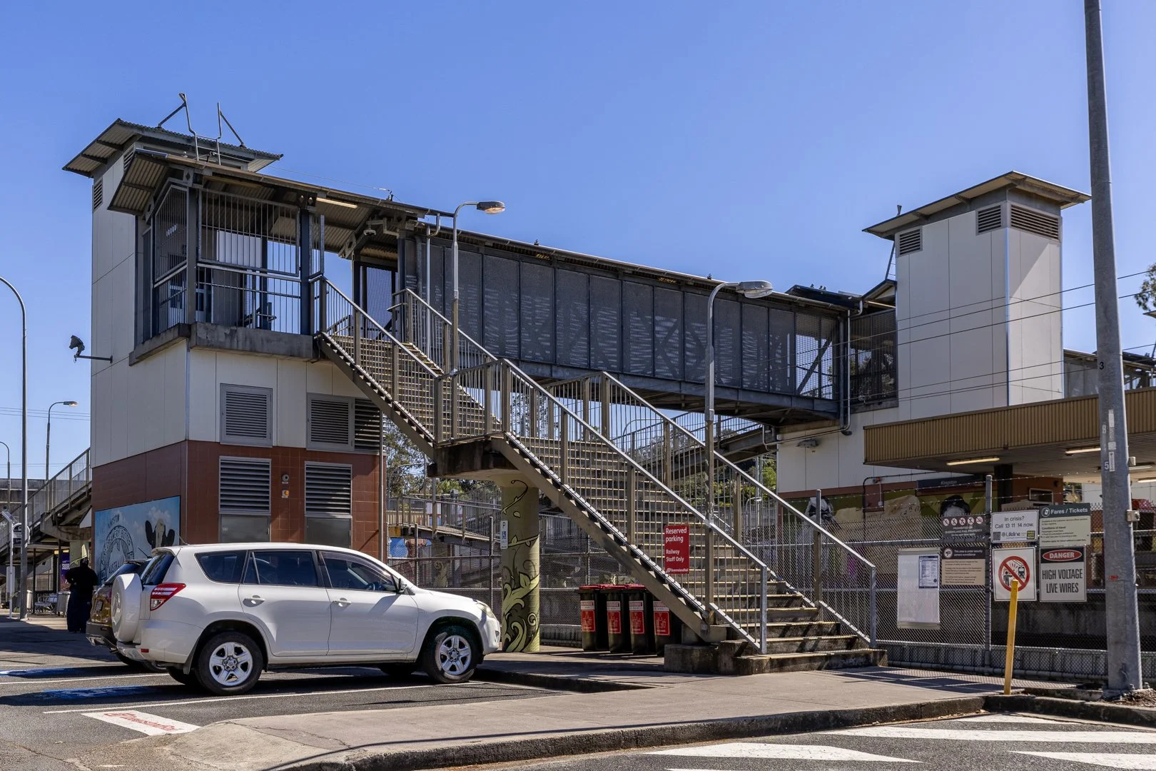 Pedestrian overpass and stairs at Kingston railway station on the Beenleigh line, Kingston QLD.