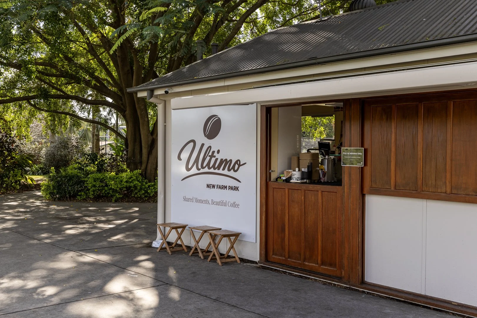 Ultimo café at New Farm — specialty coffee institution in New Farm Park, part of the suburb's renowned James Street and park precinct lifestyle