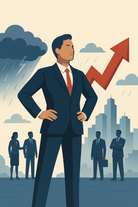 Businessman in a suit stands confidently with arms akimbo under storm clouds and rain, while an upward trending arrow and city skyline are in the background, symbolizing growth and resilience.