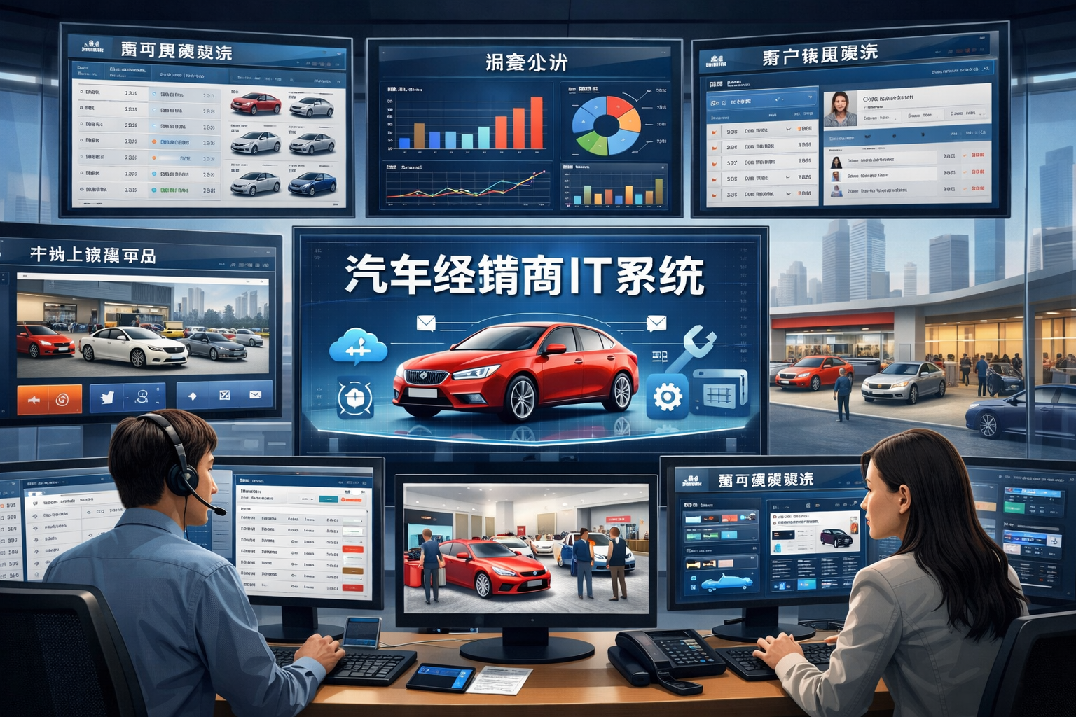A control room with multiple monitors displaying car sales data, graphs, and images of cars, with two operators working at desks with computers, and a view of a car dealership outside.