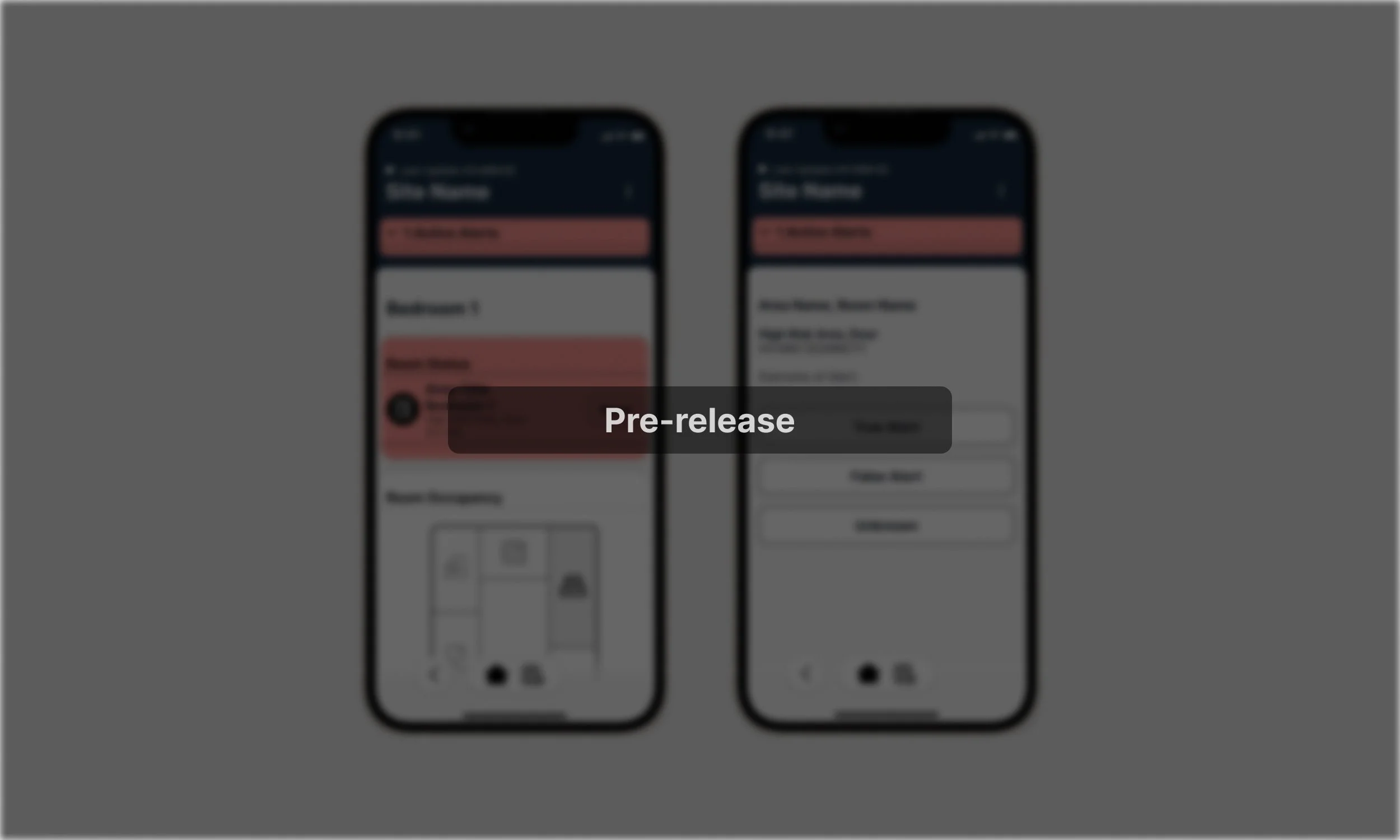 Two smartphones displaying app screens with a 'Pre-release' overlay in the center.