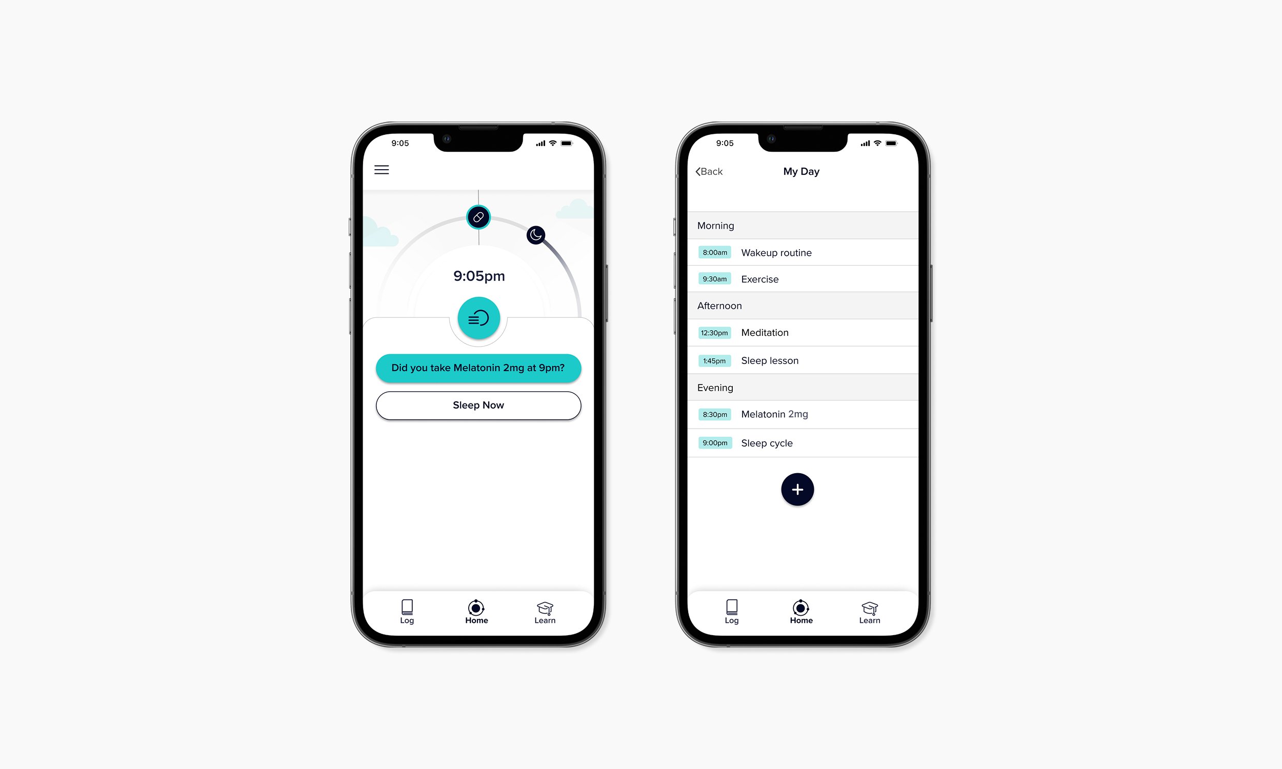 Two smartphone screens displaying a sleep tracking app. The left screen shows a time of 9:05 pm, a notification asking if melatonin 2mg was taken at 9 pm, and a 'Sleep Now' button. The right screen shows a daily schedule with morning, afternoon, and evening activities and medication times, including wakeup, exercise, meditation, sleep lesson, melatonin, and sleep cycle.