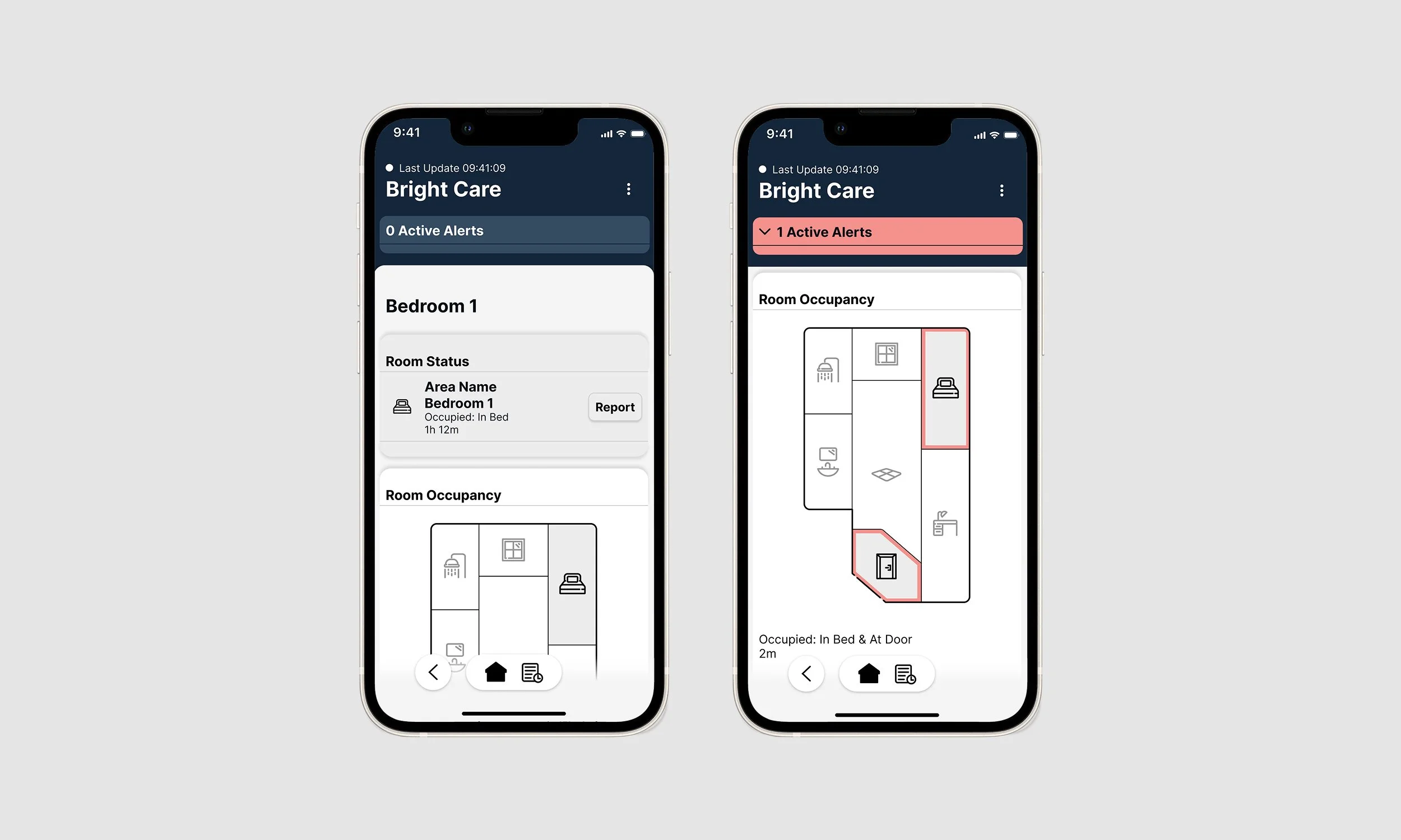 Two smartphones display home care management apps showing bedroom occupancy and alert status with a room map and alert notifications.