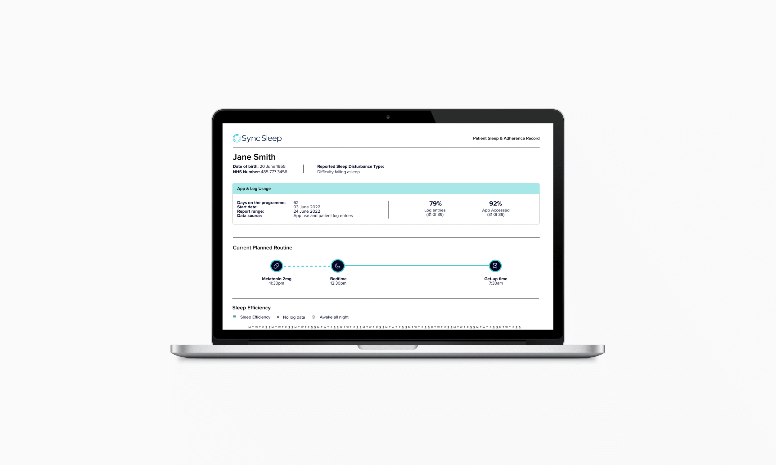 Laptop displaying a sleep tracking report for Jane Smith, including sleep disturbance, app usage, and sleep routine details.