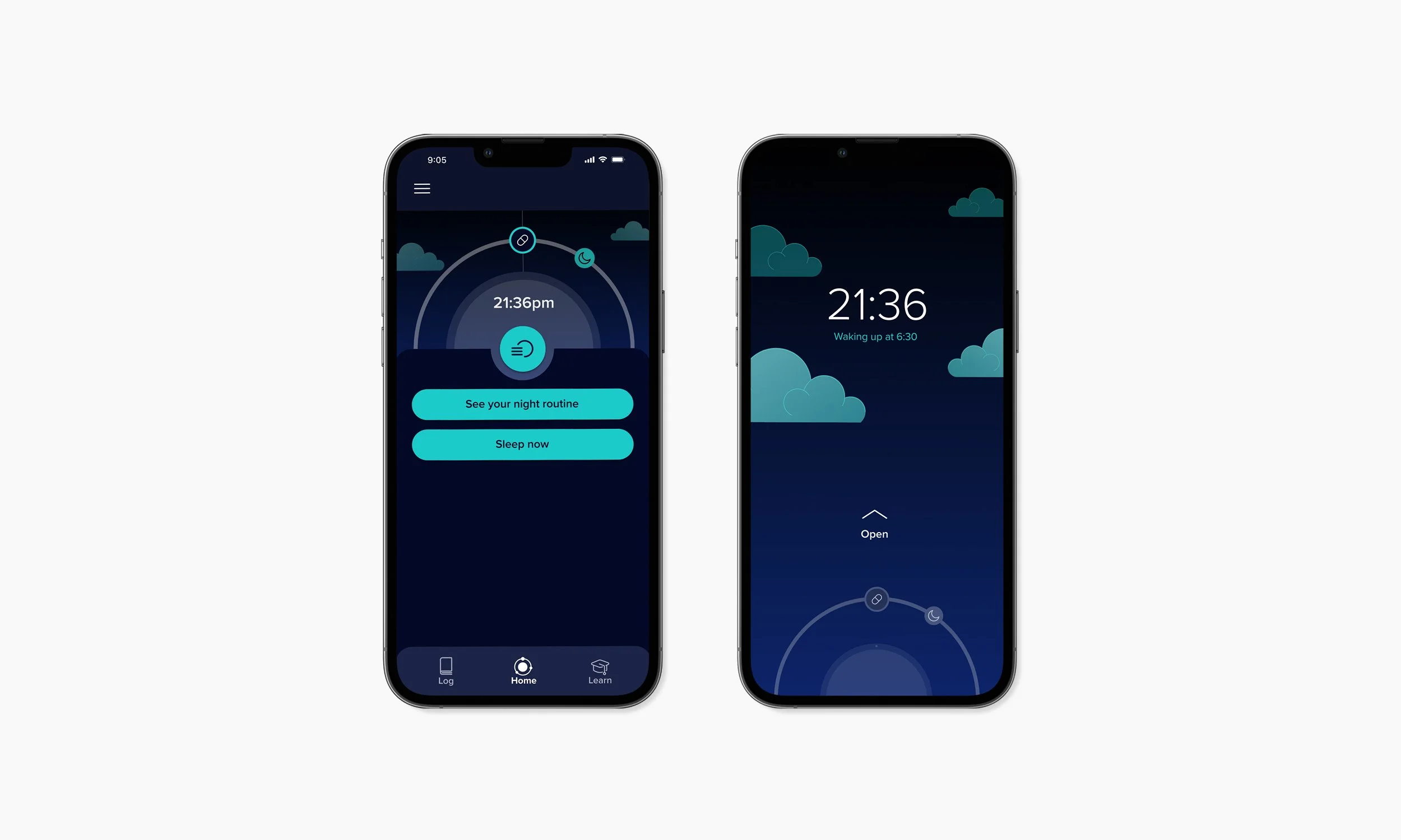 Two smartphone screens displaying an app with a nighttime sky background, clouds, and sleep tracking options. The left screen shows a sleep log with options to see a night routine or sleep now, and the right screen shows a clock and sleep status.