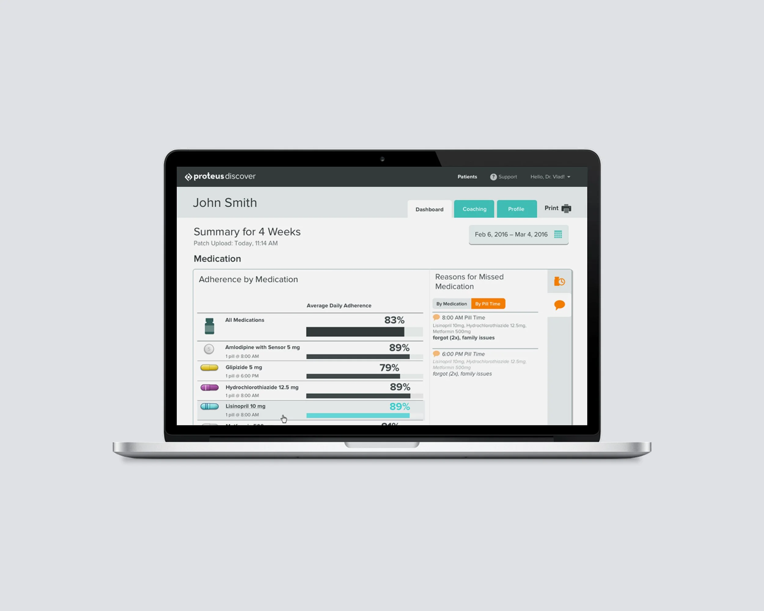 Laptop displaying a patient's medication adherence summary and reasons for missed medication in an health app interface.