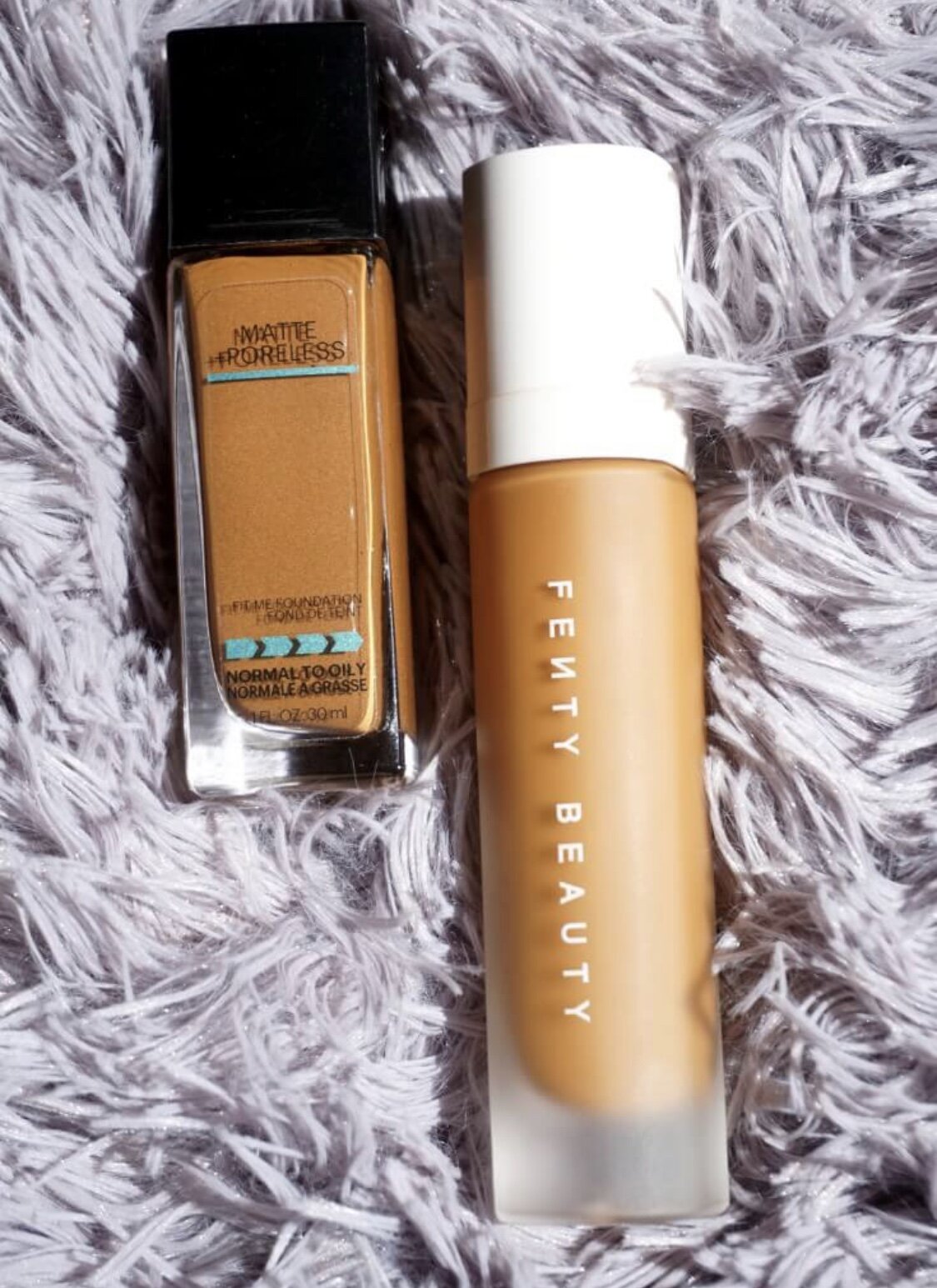  Fenty pro filt’r foundation, £26 VS Maybelline Fit Me Matte + Poreless Foundation, £5.99 