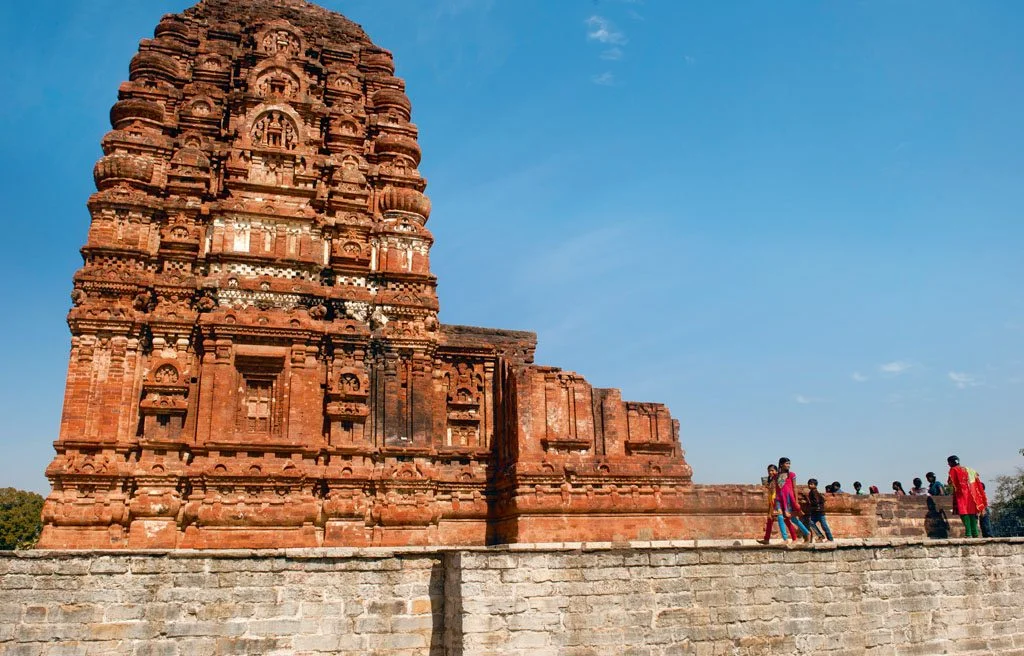 Sirpur’s cynosure, the 7th-century Laxman Mandir, is an exquisite brick structure built on a high platform, accessible by stairs. Photo: Sanjay Austa