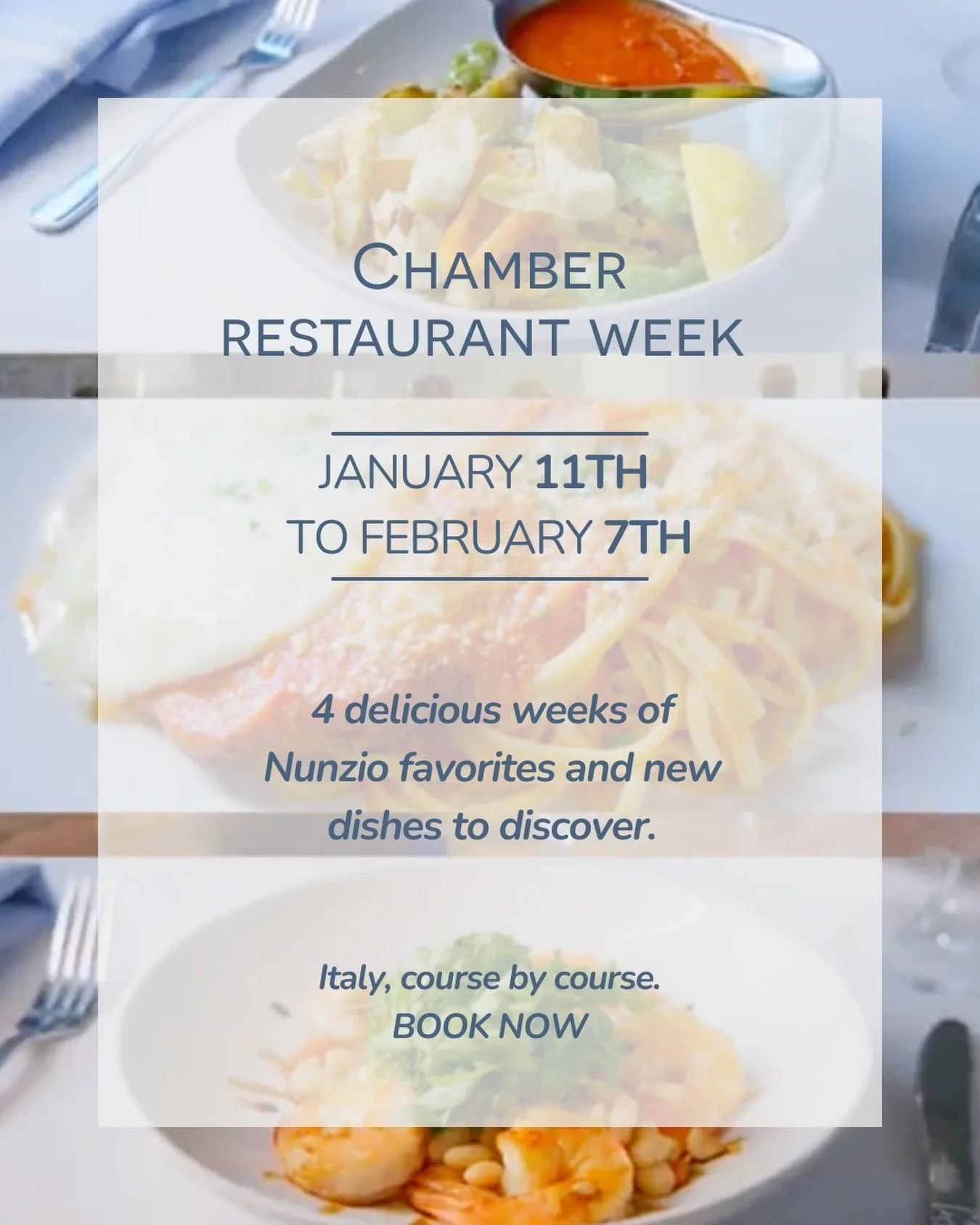 An Italian dining experience, available for four weeks only.

Celebrate Chamber Restaurant Week at NUNZIO with a 3 course menu designed to be savored, January 11&ndash;February 7.

Add our Tour of Italy wine flight for the perfect pairing.
Book your 