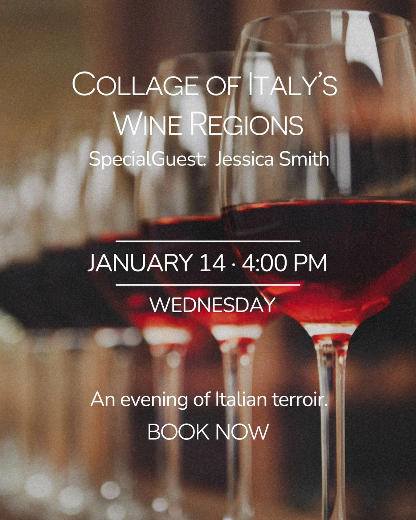 An evening dedicated to Italy&rsquo;s most celebrated wine regions. Taste, learn, and explore alongside special guest Jessica Smith at Nunzio.

- January 14 | 4:00 PM
- Wine Tasting Experience
- Reservations required.

#winetasting #winetastings #win