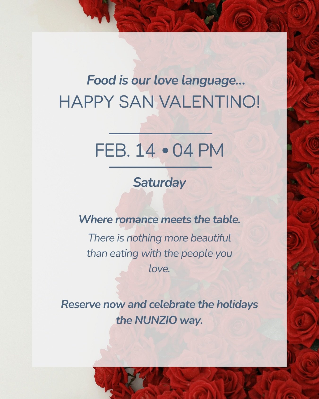 A refined Valentine&rsquo;s experience, thoughtfully prepared.
From elegant flavors to an intimate atmosphere, NUNZIO invites you to celebrate love at the table.

- Saturday, February 14 | From 4:00 PM
- Reservations available February 13&ndash;16
- 