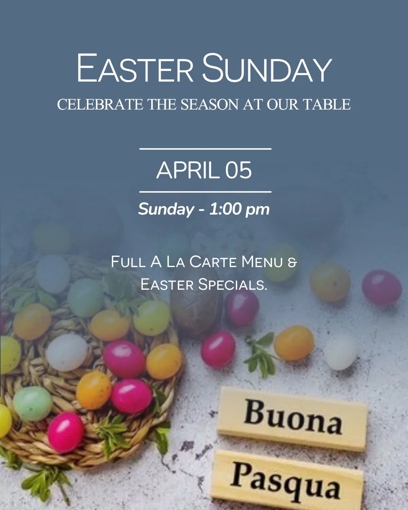 A traditional Easter celebration awaits!! 
From our classic menu to unique seasonal features, we&rsquo;ve set the stage for a memorable Sunday afternoon.

Reservations are now open. Parties of 6 or more are encouraged to contact us early for the best