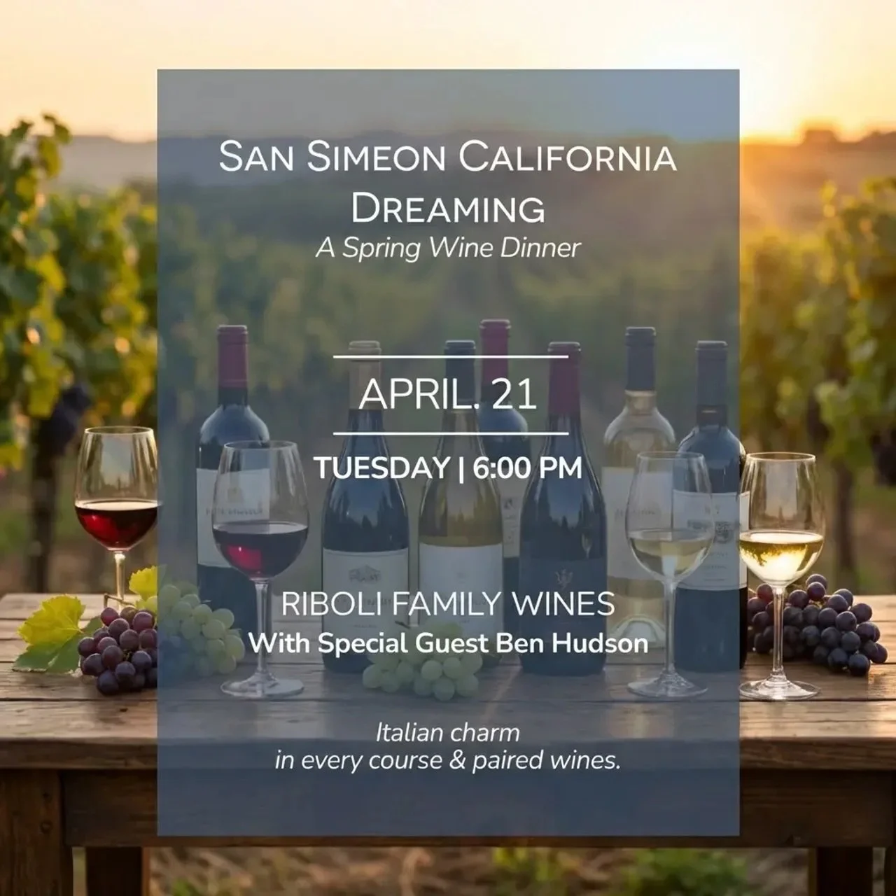 A hillside vineyard, a cool coastal climate, and a table set with Italian soul. Chef Nunzio has crafted this &ldquo;California Dreaming&rdquo; dinner as a tribute to sustainable excellence and the art of the perfect pairing.

Experience the Riboli Fa