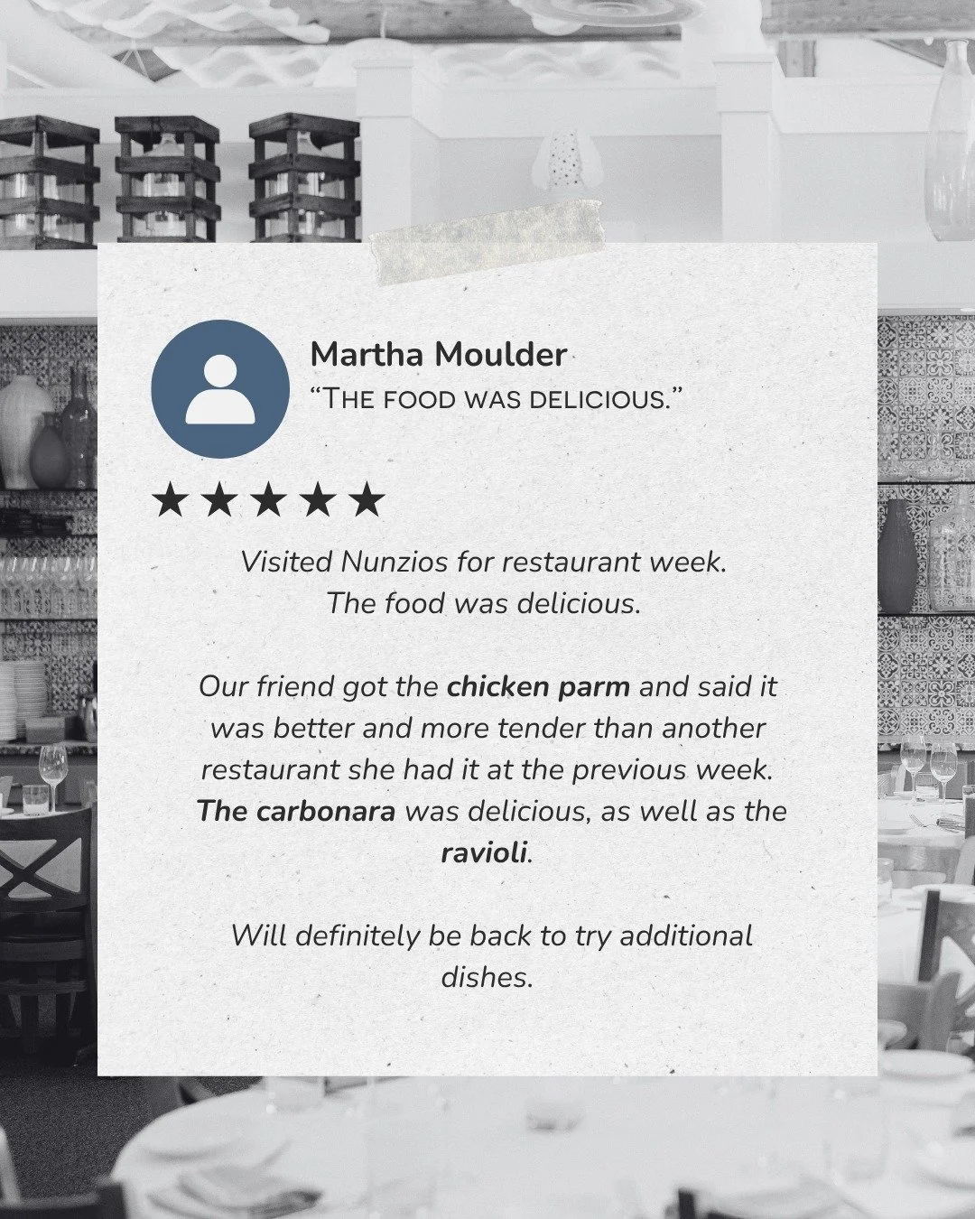 Every review reminds us why we love what we do. Thank you for taking the time to share your experience and for letting Nunzio be part of your evening.

Grazie mille.