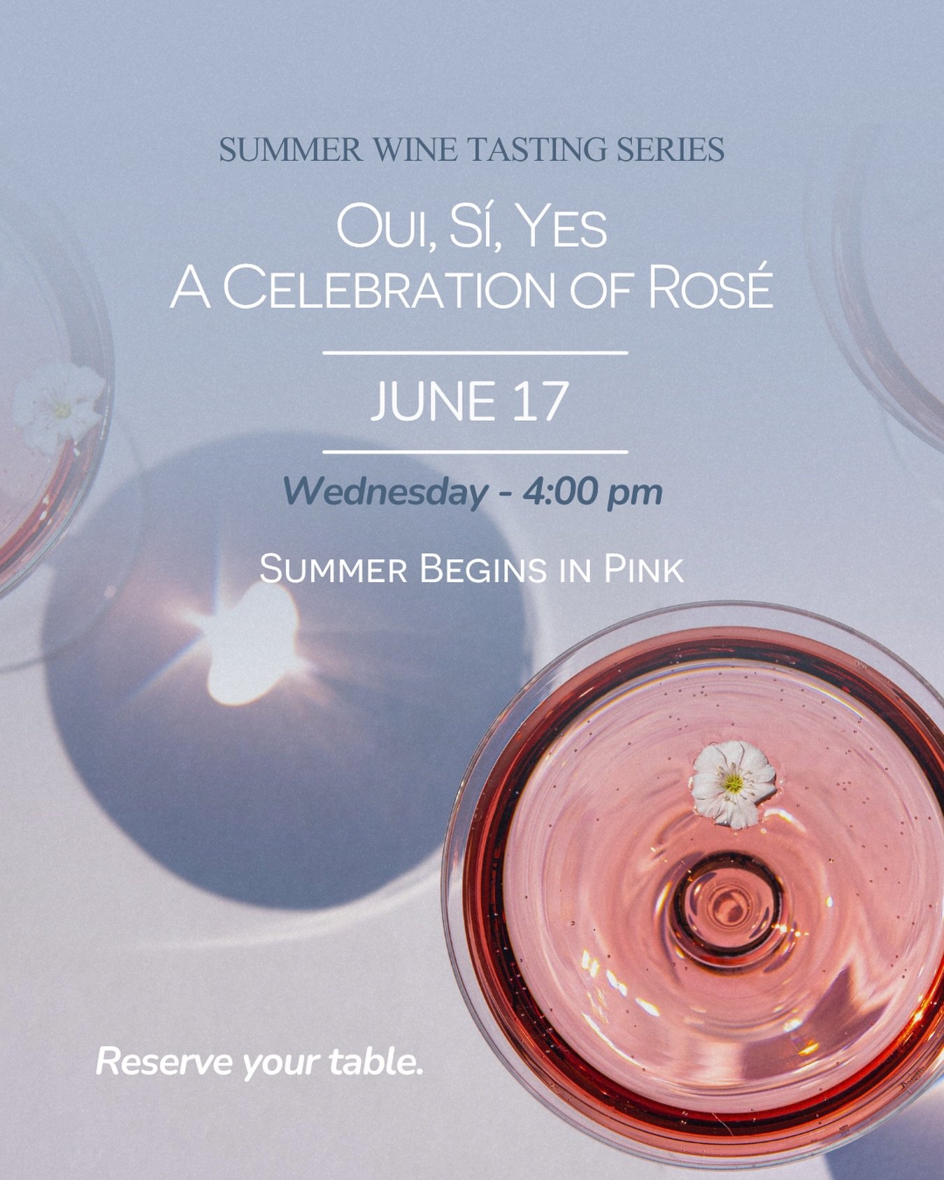 Join us for the Annual Ros&eacute; tasting featuring new and surprising Ros&eacute;s perfect for Summer sipping

An afternoon of beautiful wines, good company, and the perfect start to summer.

Reserve your table.

#ros&eacute; #winelover #summervibe