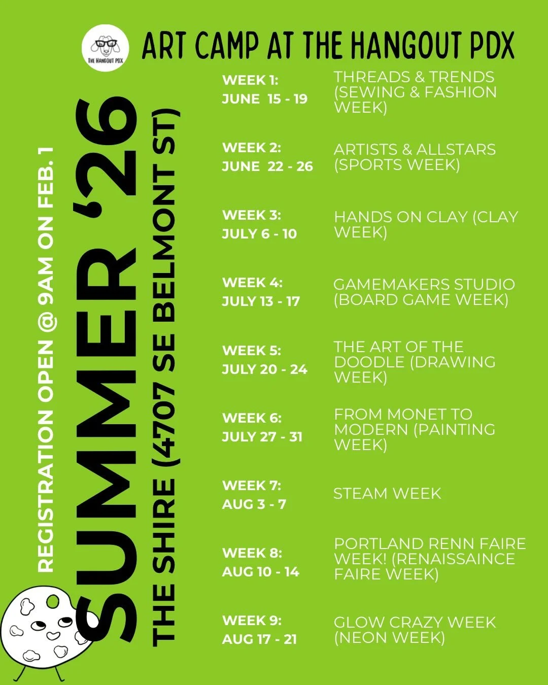 SUMMER CAMP REGISTRATION OPENS FEBRUARY 1 @ 9AM! Mark your calendars 🗓️!

#summercamp2026 #summercamp #artcamp #portland #summer2026 #portlandsummer #thehangoutpdx #hangoutpdx
