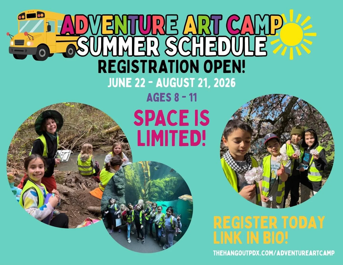 Registration is filling up fast for our adventure, art camp!
Join us for a field trip adventure each day we will explore the wilderness, wander the halls of the museums in our city, and make lots of art along the way. Do not wait to sign up, spaces a