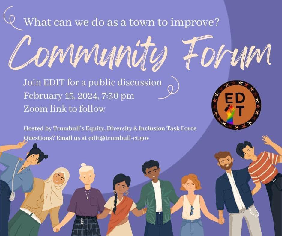 Join the Equity, Diversity, and Inclusion Task Force for their annual community conversation 2/15 at 7:30pm via Zoom to share your perspective on what our town can do to improve its diversity, equity and inclusion.

Zoom link in comments.