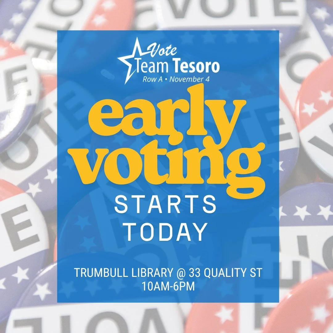 🗳️ Early Voting Starts Today! 🗳️
Head to the Community Room at the Library from 10 a.m. to 6 p.m. to make your voice heard.

Together, we&rsquo;re building a stronger Trumbull. Vote Row A for Vicki and Team Tesoro!
