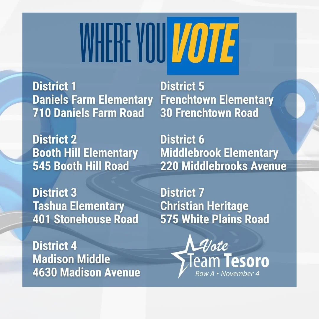 Be sure you know where you vote. District polling locations are listed below, and you can look up your polling place quickly at the link.

Find your polling place: https://portaldir.ct.gov/sots/LookUp.aspx