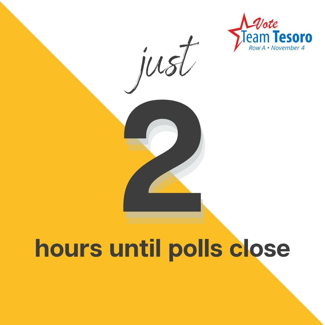 Just 2 hours left to vote.

If you have not cast your ballot yet, now is the time. Every vote matters.

Find your polling place here: https://portaldir.ct.gov/sots/LookUp.aspx

Vote Team Tesoro on Row A.