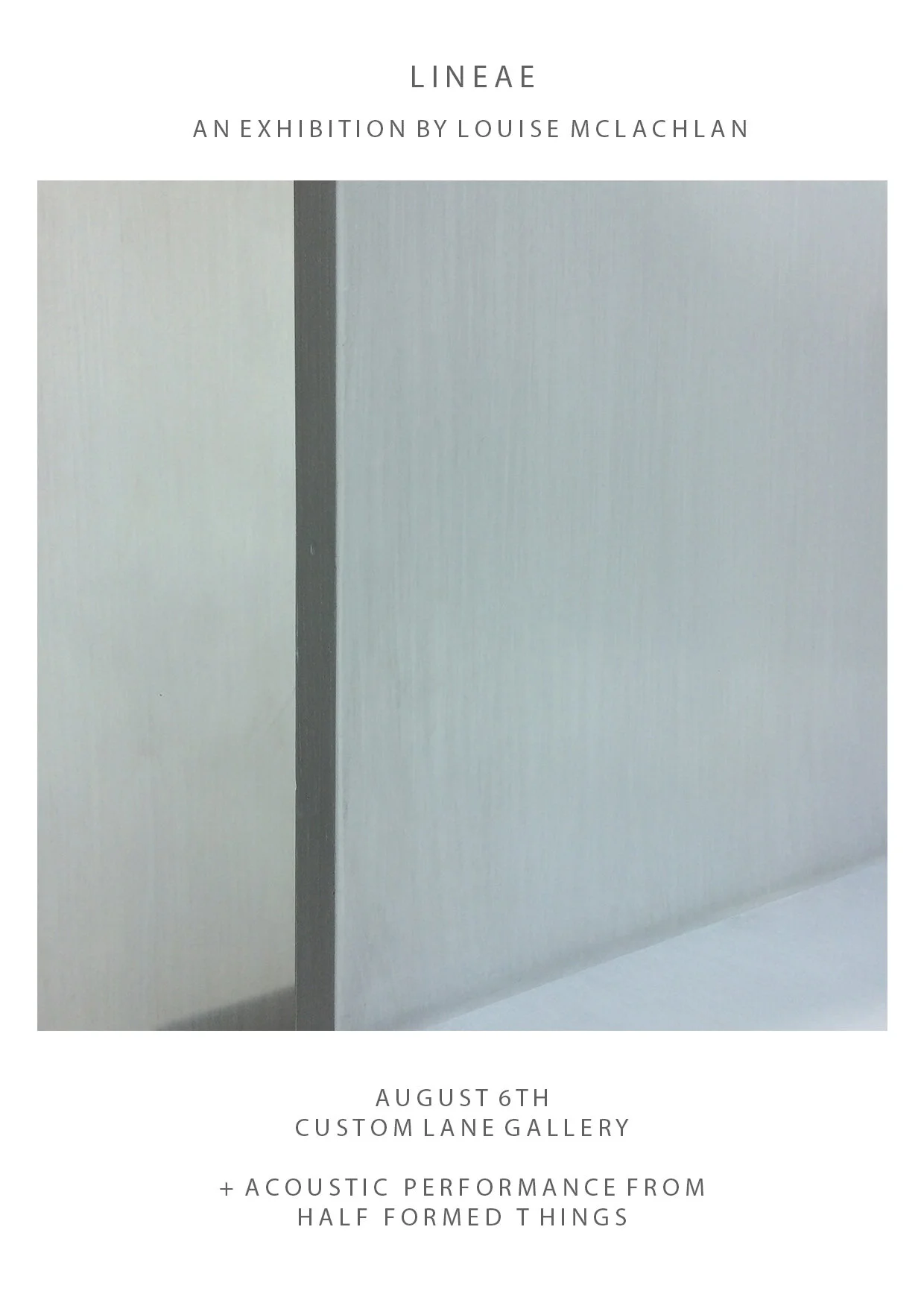 An exhibition postcard from the Linear exhibition. It shows a square blue photography from the exhibition with lines across the image to create an abstract minimal shape. Text above reads "LINEAE an exhibition by Louise Mclachlan"