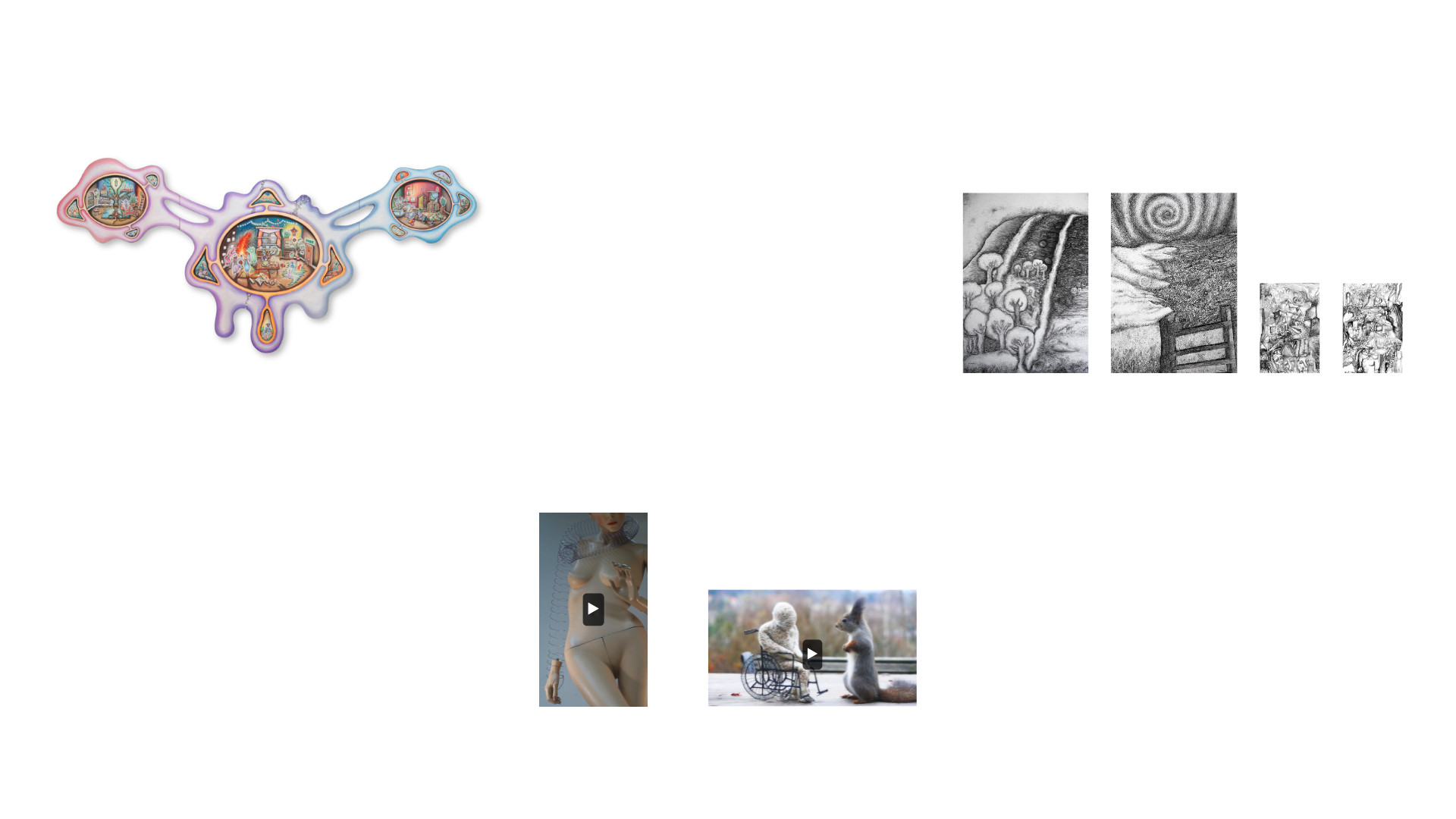  (L-R) Carrie Ravenscroft,  Sugarcoated Feminine Rage  (2024); Jenni-Juulia Wallinheimo-Heimonen  Sleeves for Paralysed Hand  (2015),  Battle of Scarcity of Resources  (2017); Colin Hambrook , Mount Caburn I  (2006-8),  Mount Caburn II  (2006-8 ), Mo