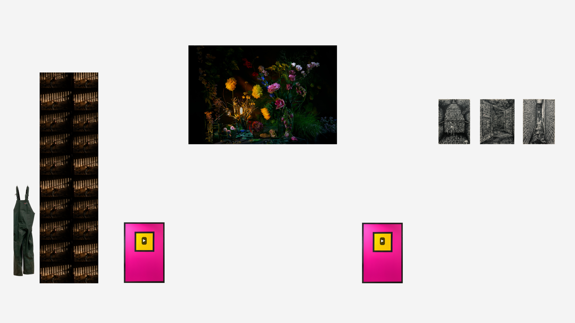  (L-R) Joanne Coates , Bedding up (Laborious) (2024); Christopher Samuel , Our Confession (Tanya)  (2023); Richard Butchins  Light of the world  (2021); Christopher Samuel  Our Confession (Tony)  (2023) ; Not My Projection  (2017),  I Know I’ve Been 