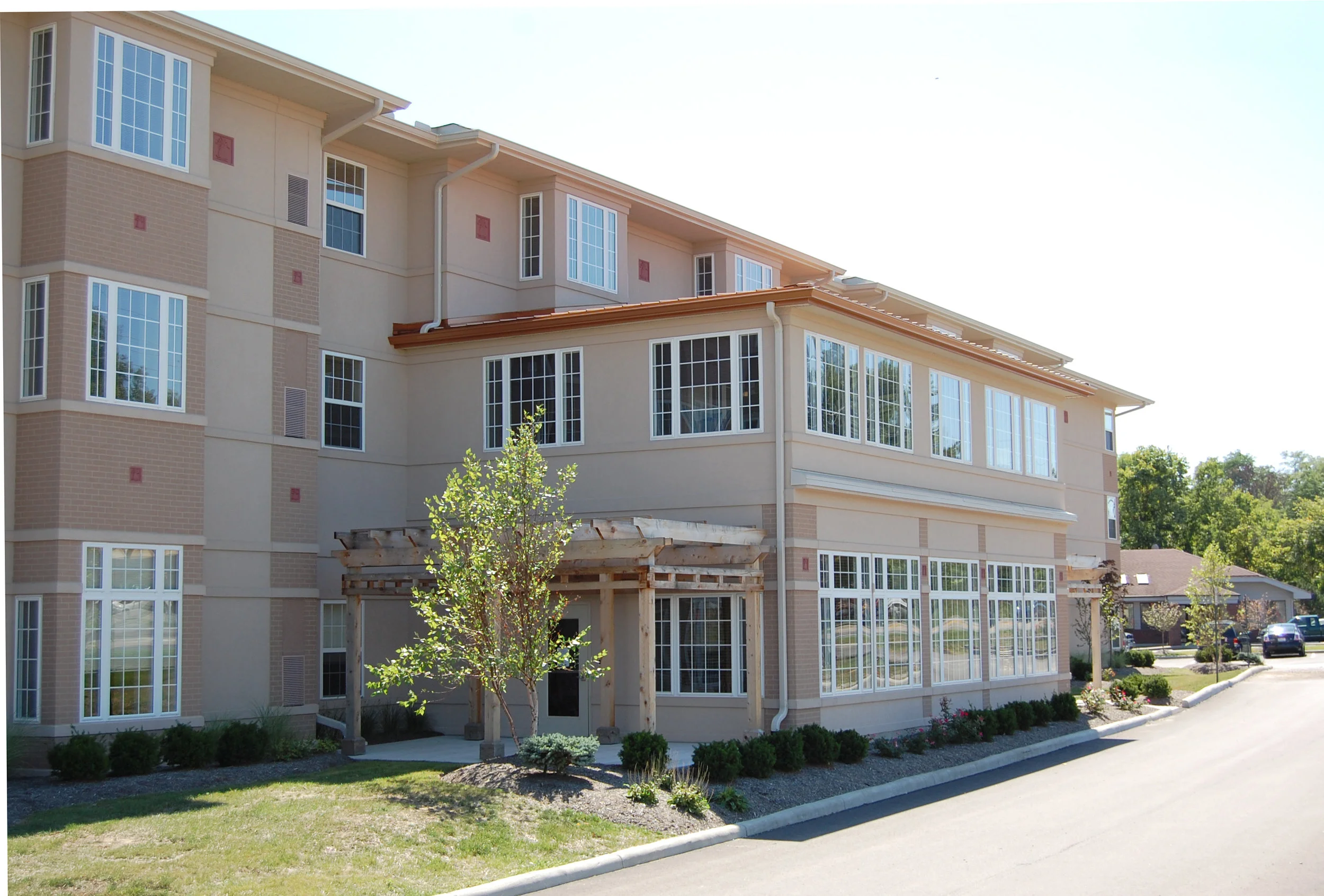 Veranda Gardens - Senior Living A combination of two separated communities, Veranda houses assisted living and skilled care. The small site dictated two and three-story buildings. CONSTRUCTION COST: $11 million LOCATION: Colerain, OH INCLUDES: 60 private skilled care beds, 48 assisted living units