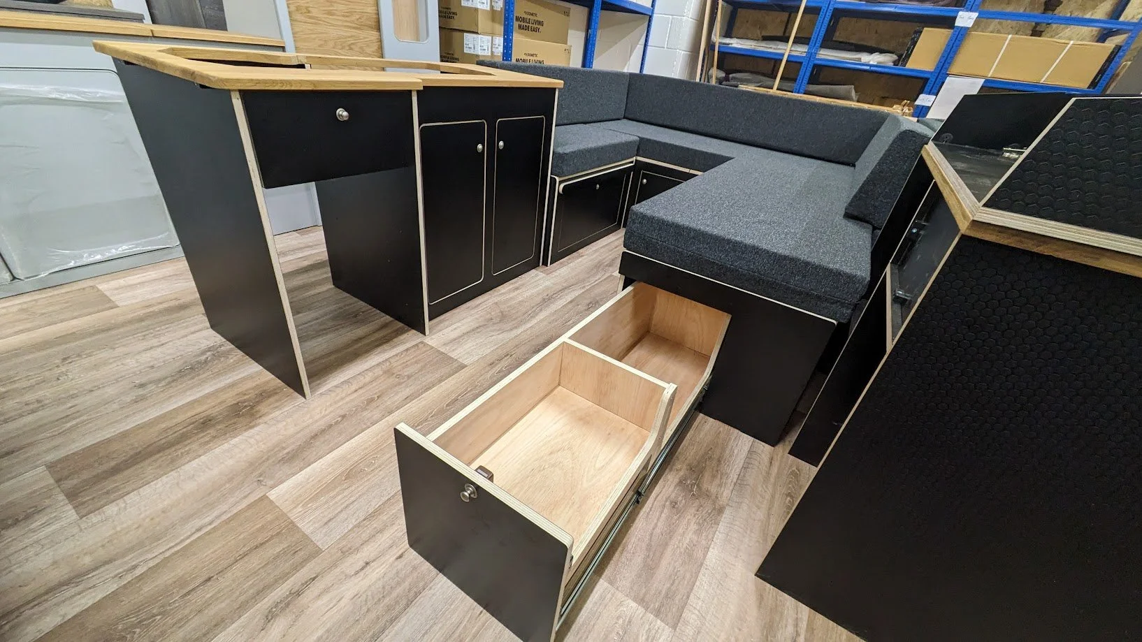 Light Grey Laminated Ply VW T5 T6 U Shape Bed System — Van Furniture