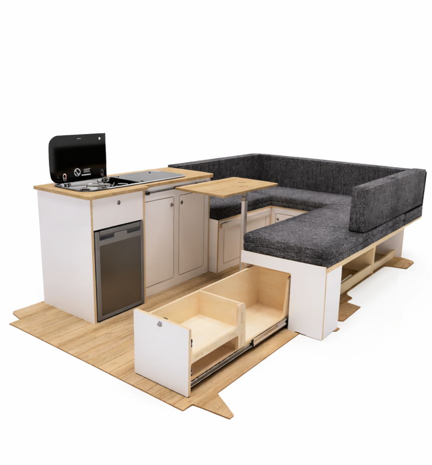 U Shape Bed System + Cabinet + Cushions - Bundle ( SWB Transit Custom V710 & VW T7)