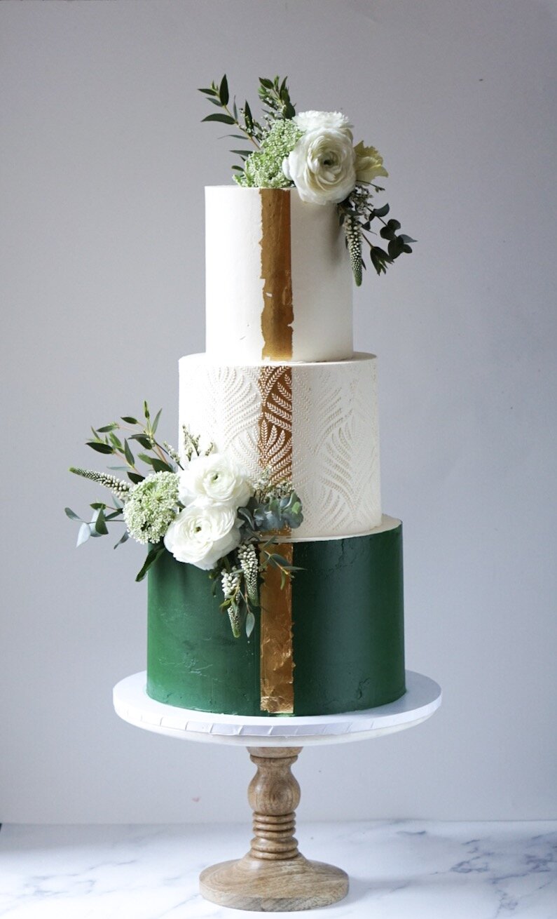 3 tier green, white and gold wedding cake